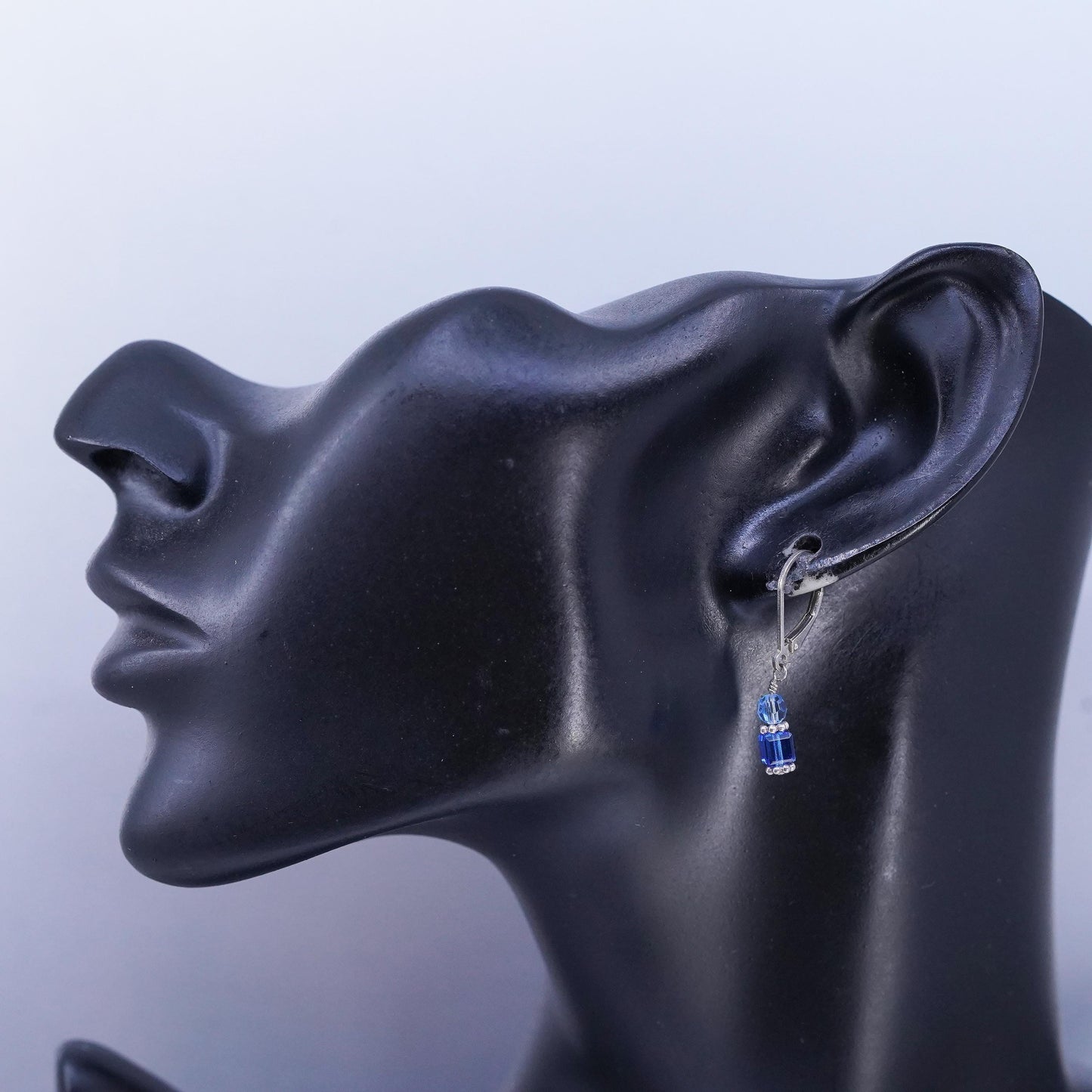 Vintage Sterling 925 silver earrings with blue crystal cube