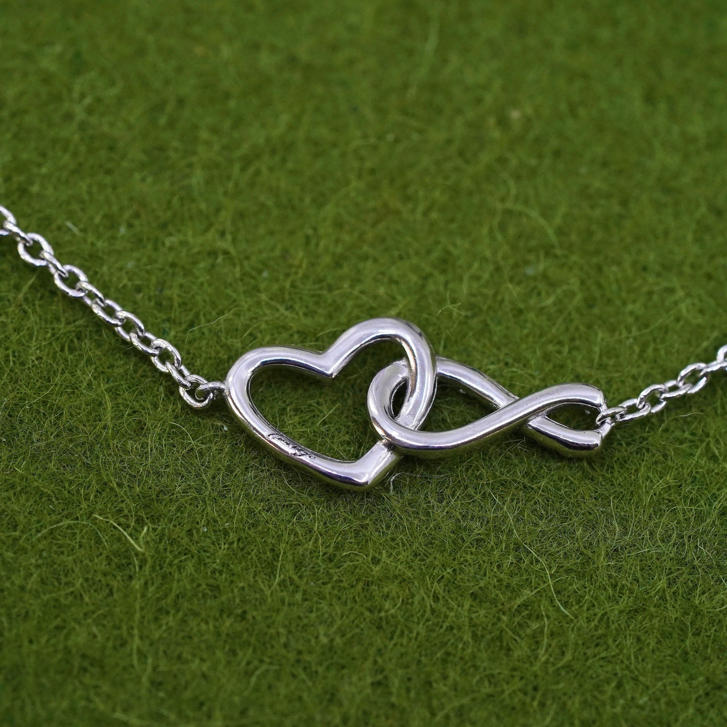 6.75+1”, Vintage sterling silver bracelet, 925 circle chain with heart charm cz