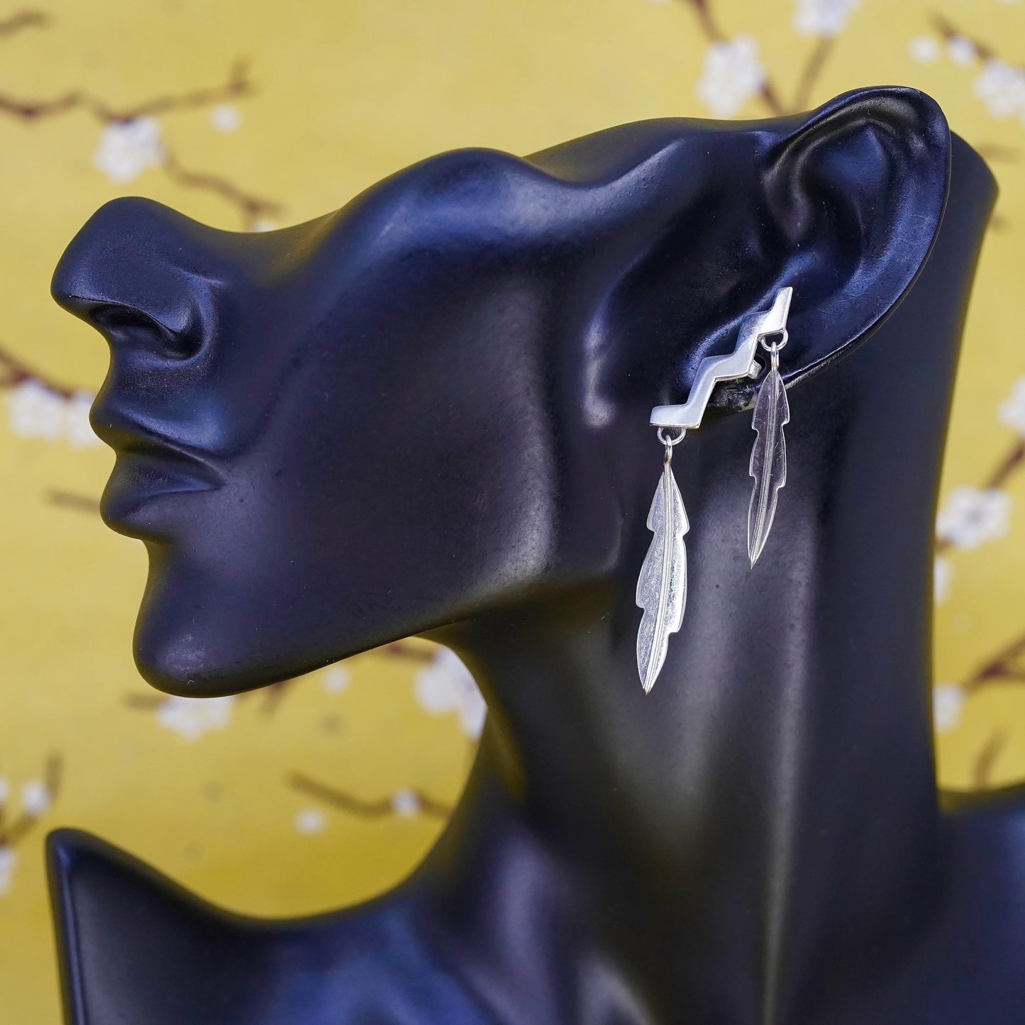 Vintage Sterling 925 silver handmade disc earrings with feather dangles
