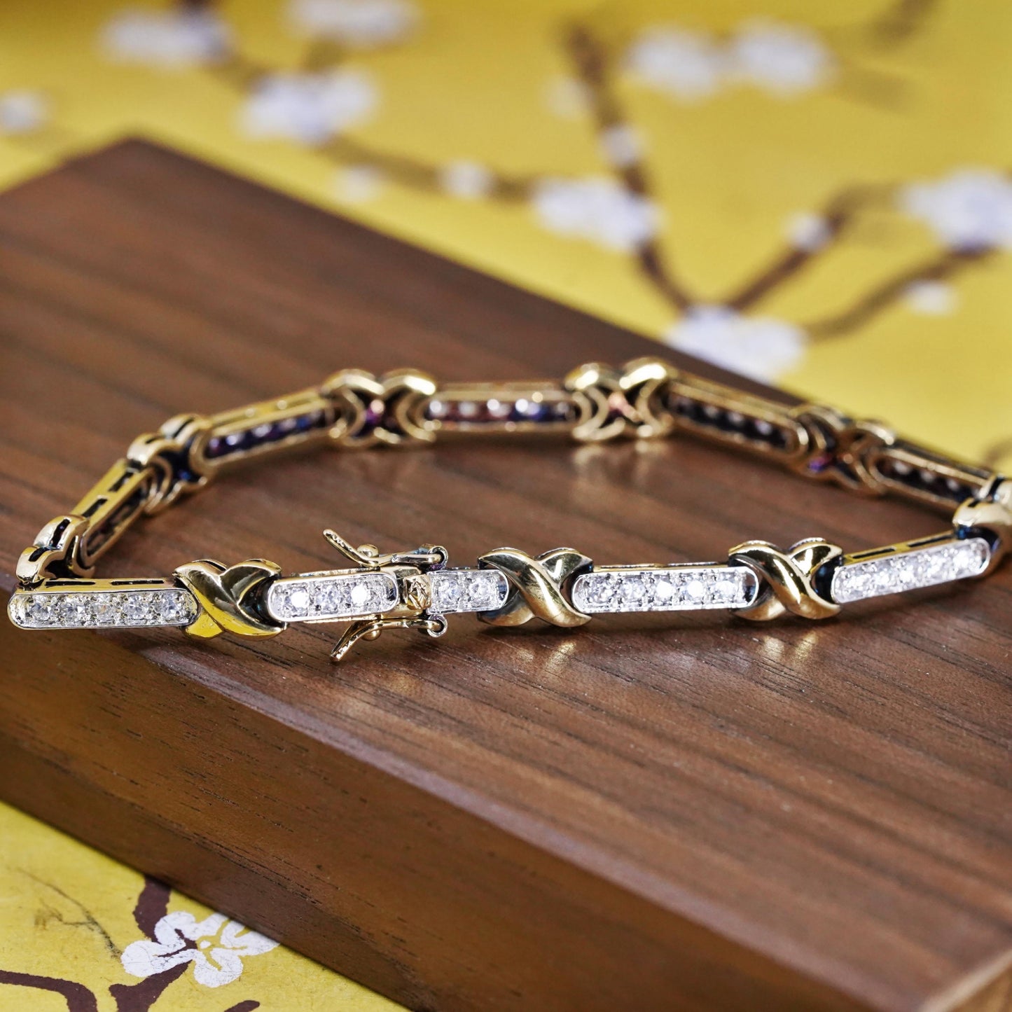 7.25”, vermeil gold over Sterling 925 silver tennis bracelet with cluster cz