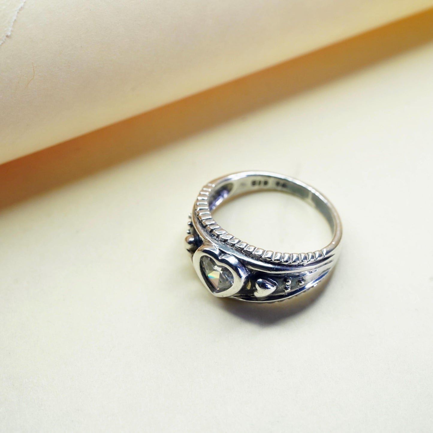 Size 10, Vintage sterling silver handmade ring, engagement ring with heart cz