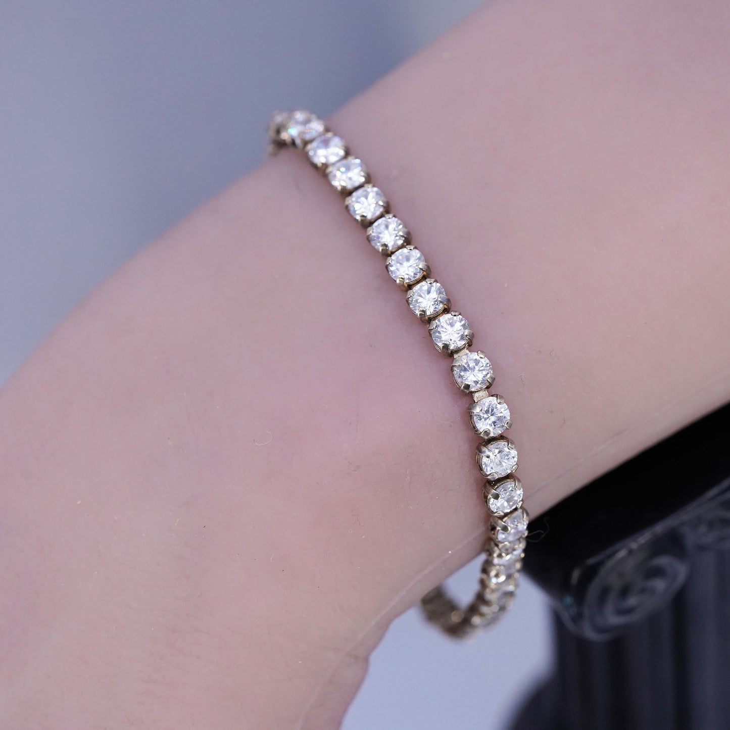7.25", Vintage gold plated Sterling Silver 925 Tennis Bracelet with cluster cz