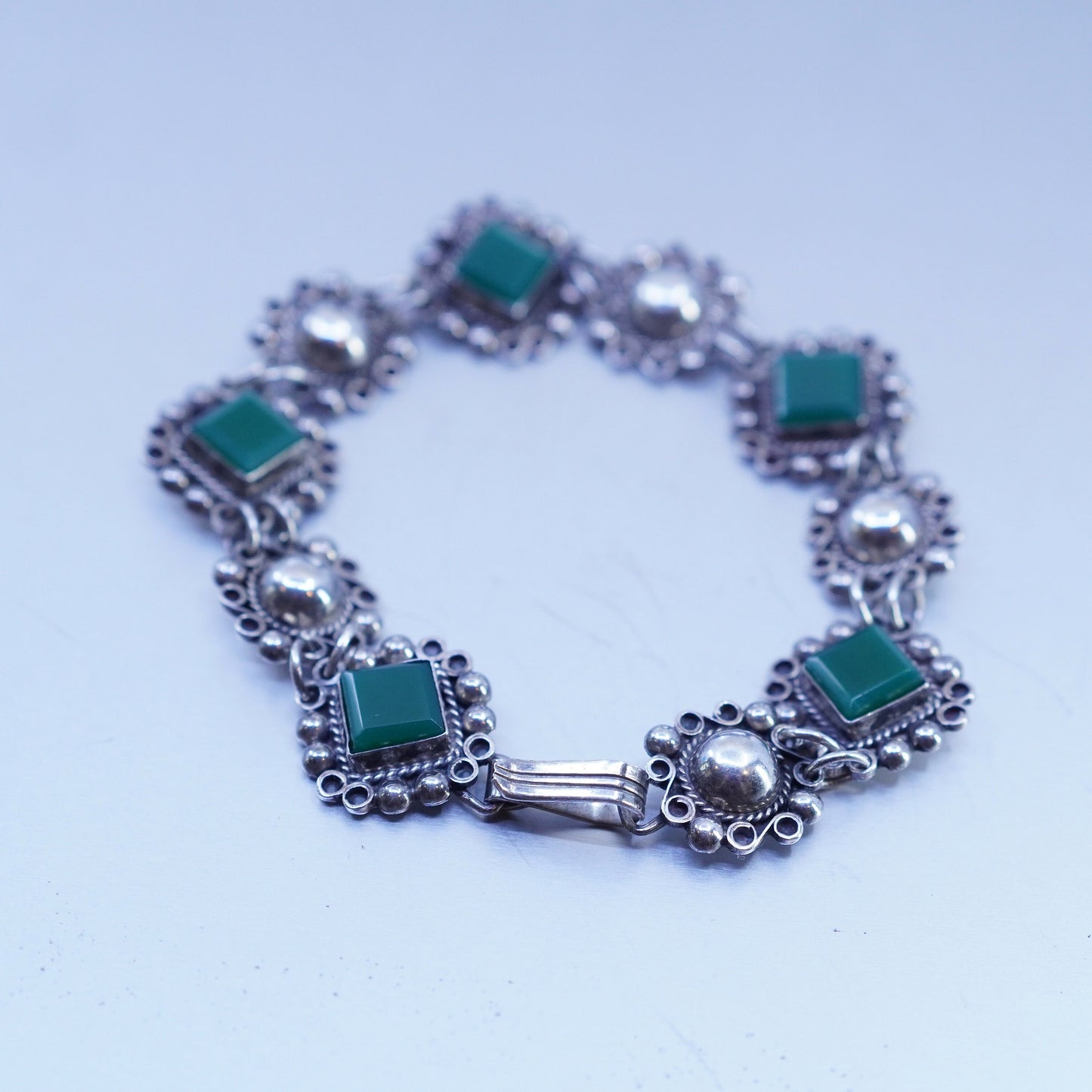 6.75”, Vintage mexico sterling 925 silver handmade bracelet with square jade