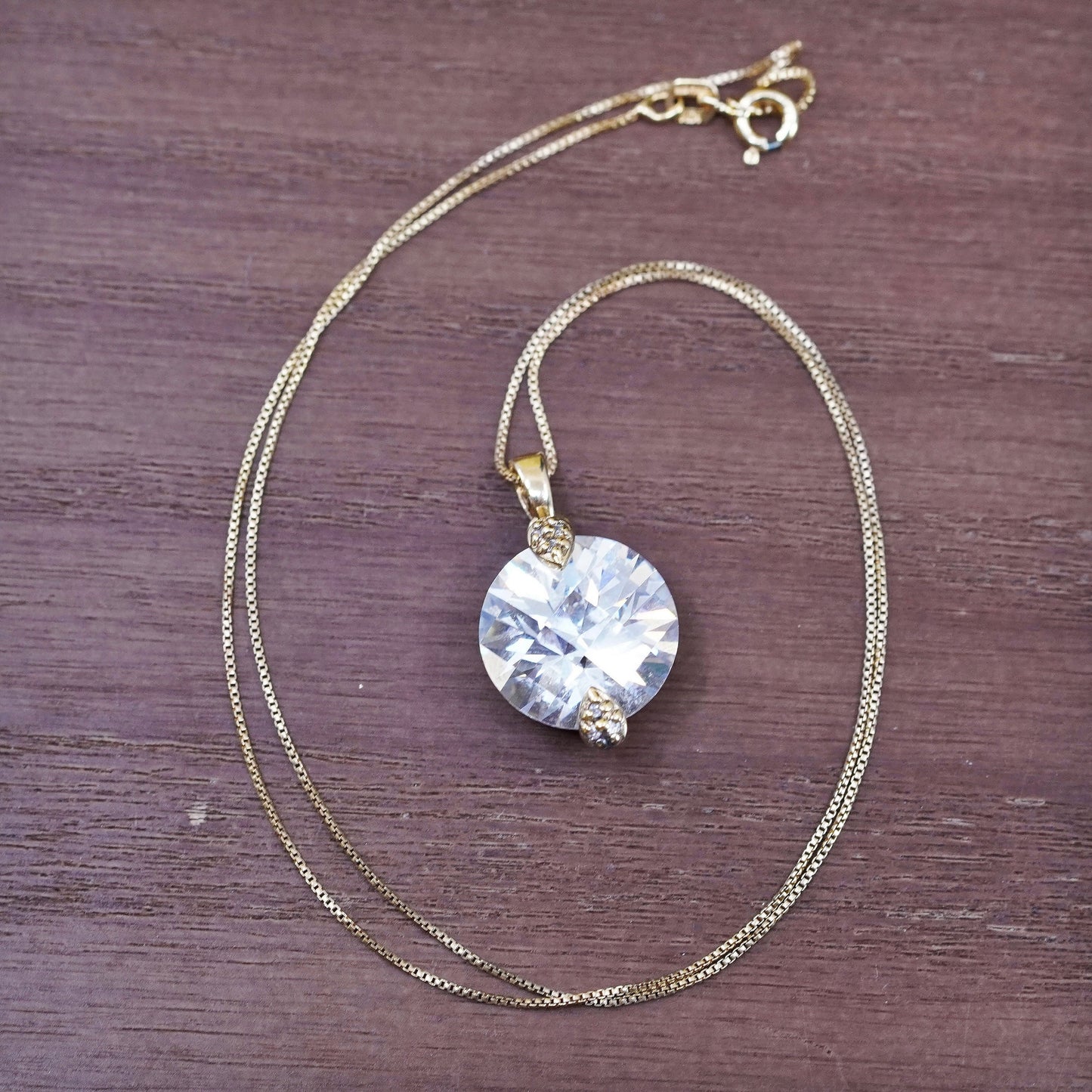 18”, Italy vermeil gold over Sterling silver necklace, 925 box chain cz pendant