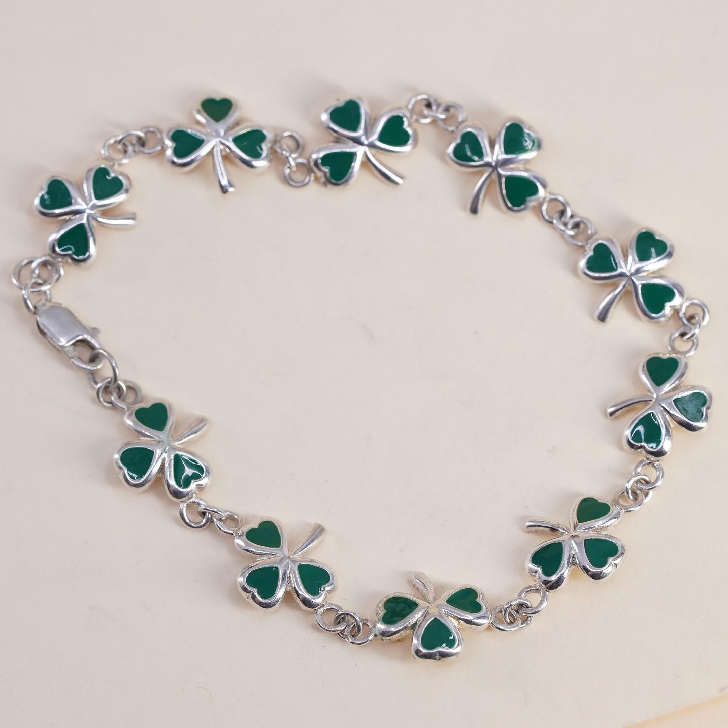 8", Sterling Silver Green Enamel Shamrock Bracelet, Irish Lucky Clover, Jewelry