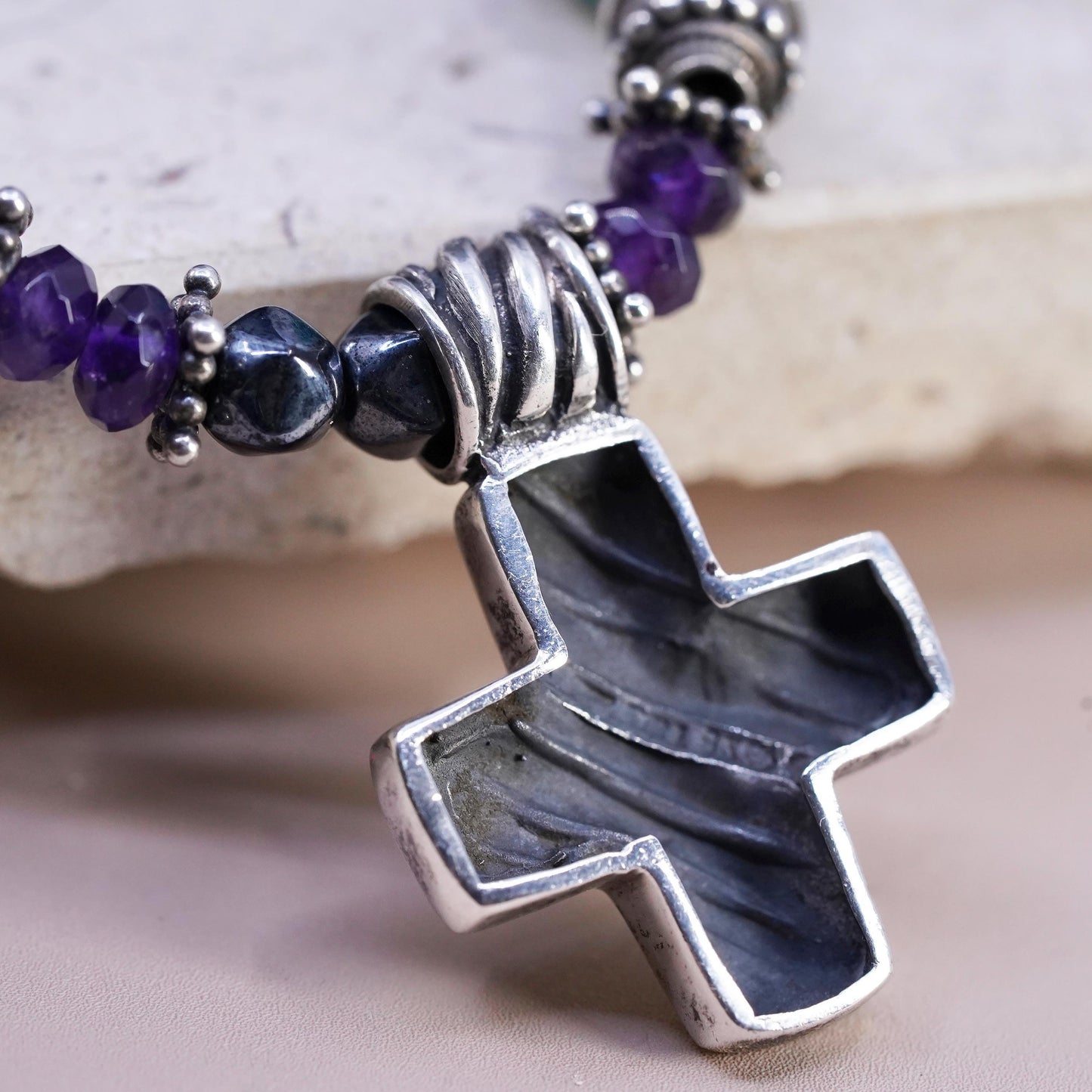 16", Sterling 925 silver Native American Navajo turquoise coral necklace cross