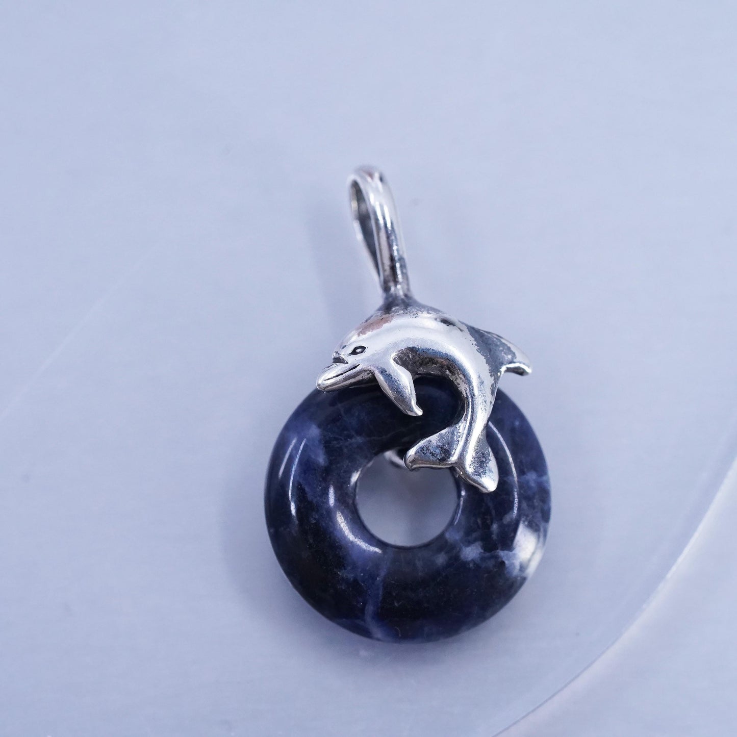Vintage sterling 925 silver healing crystal dolphins pendant w/ sodalite circle