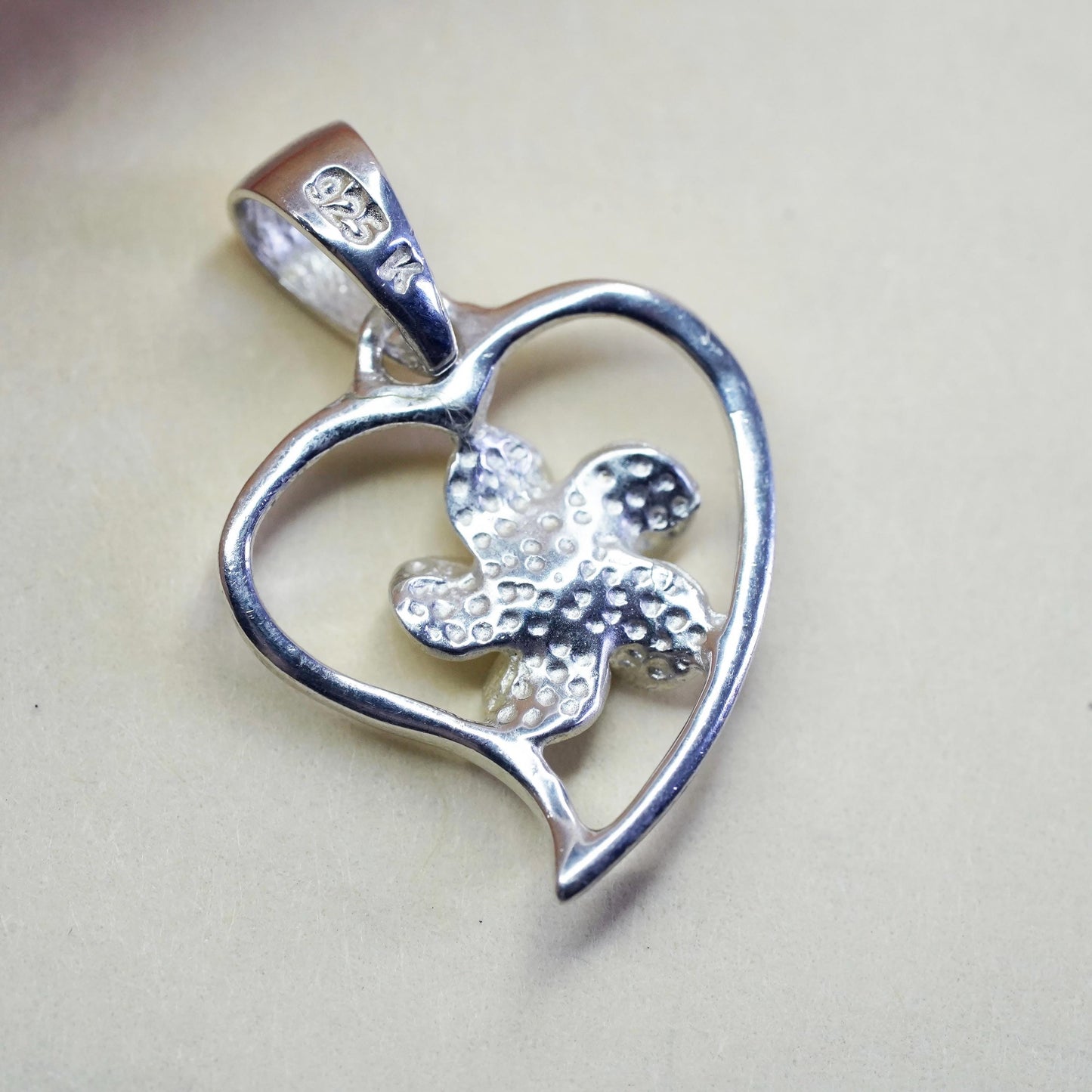Vintage Sterling silver handmade pendant, 925 plumeria flower heart charm