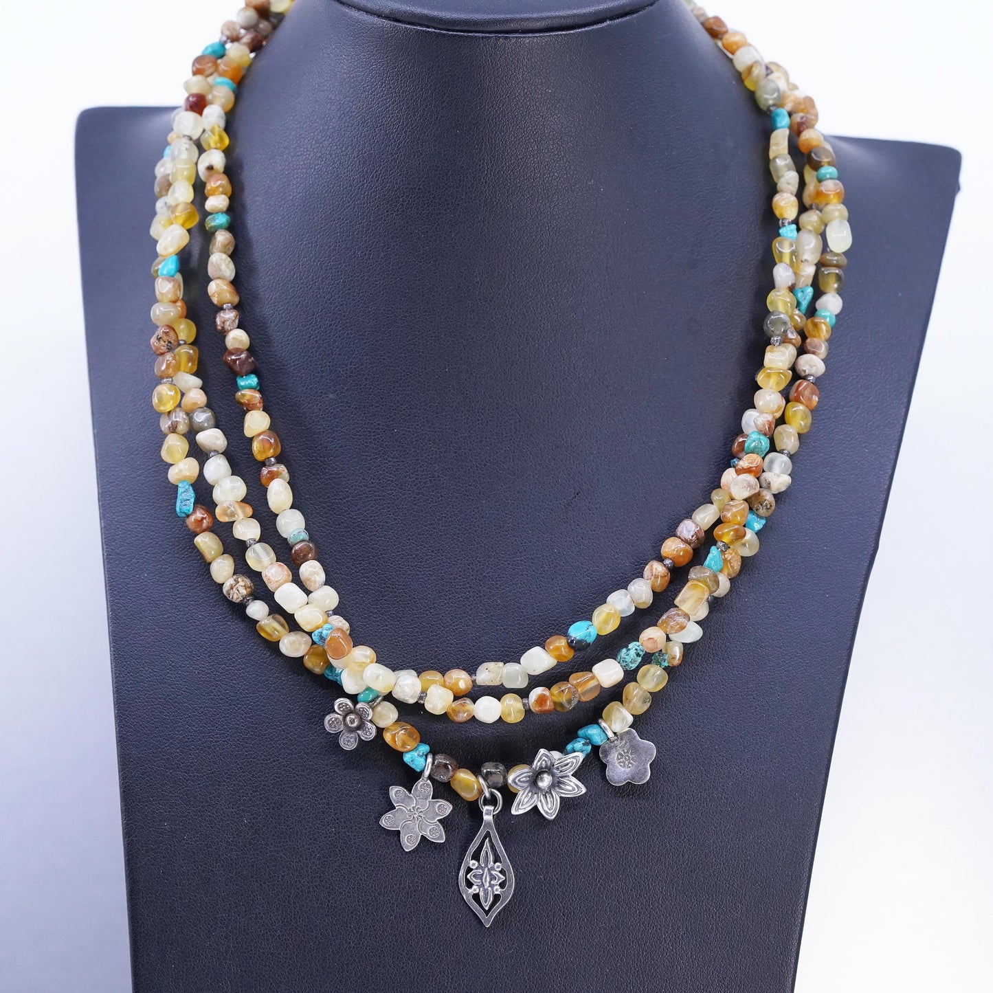18" Tica Rosa Sterling 925 Silver Multi Strands multi gemstones Necklace flower