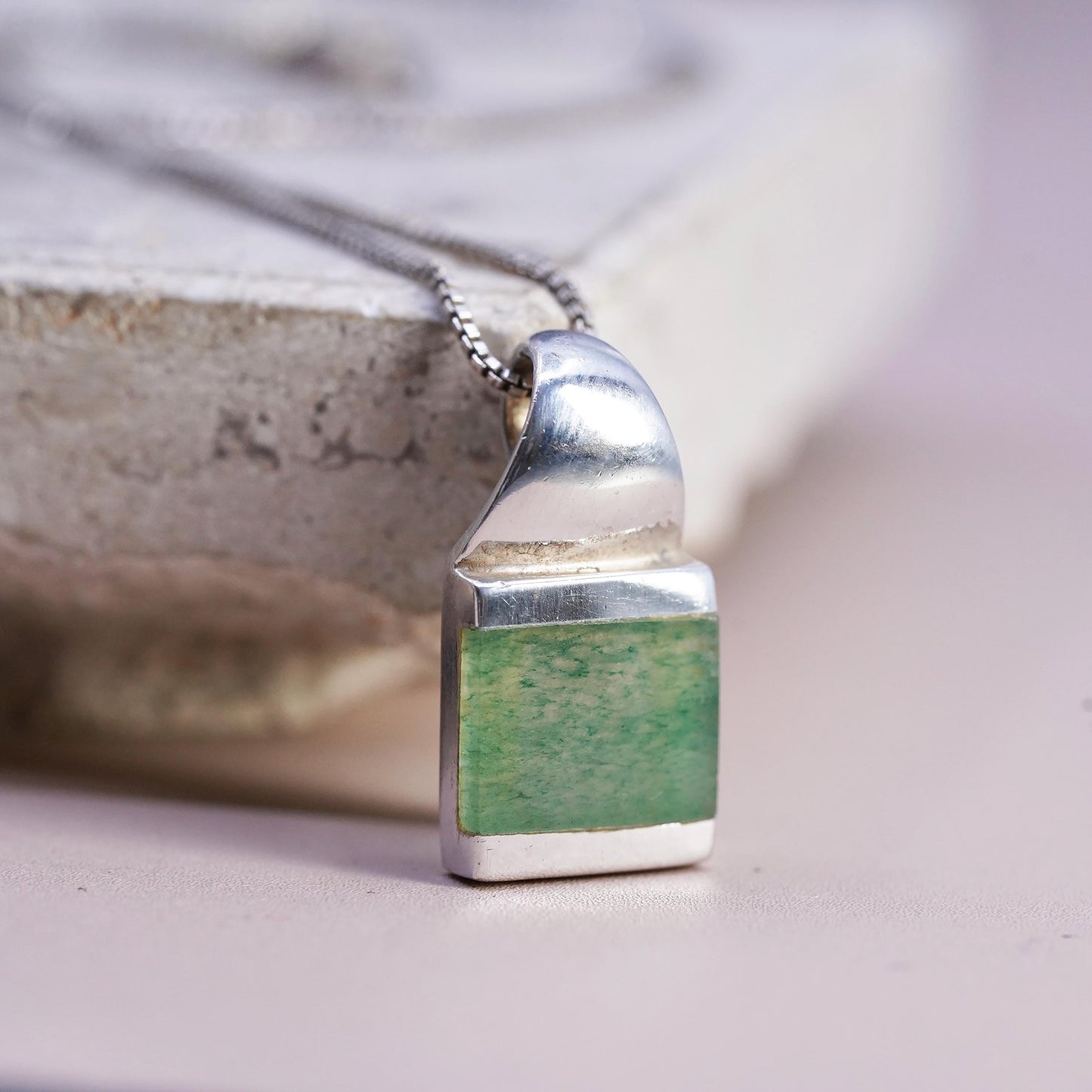18", VTG Sterling silver handmade necklace, 925 box chain square jade pendant