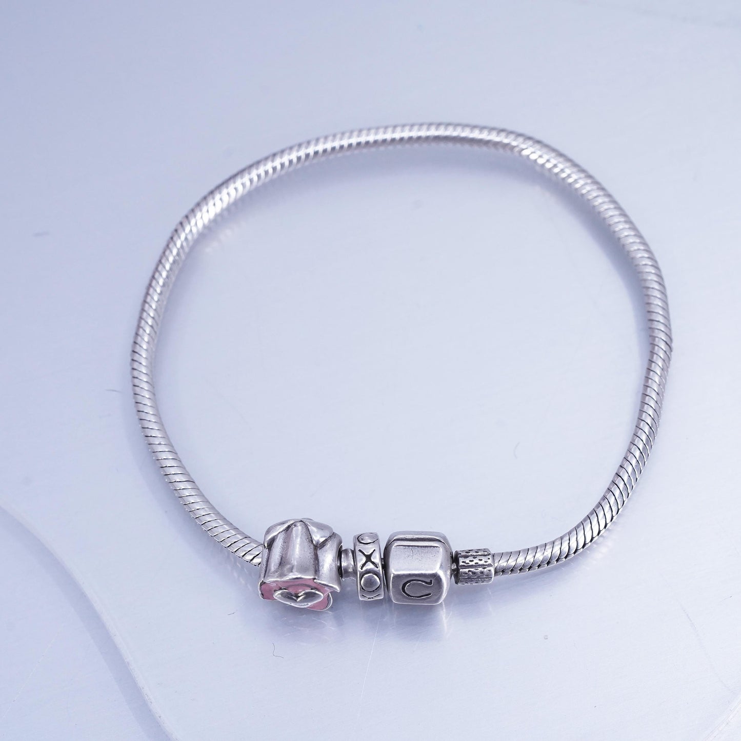 7.5”, Sterling 925 silver bracelet, bold snake chain pink flower bead charm