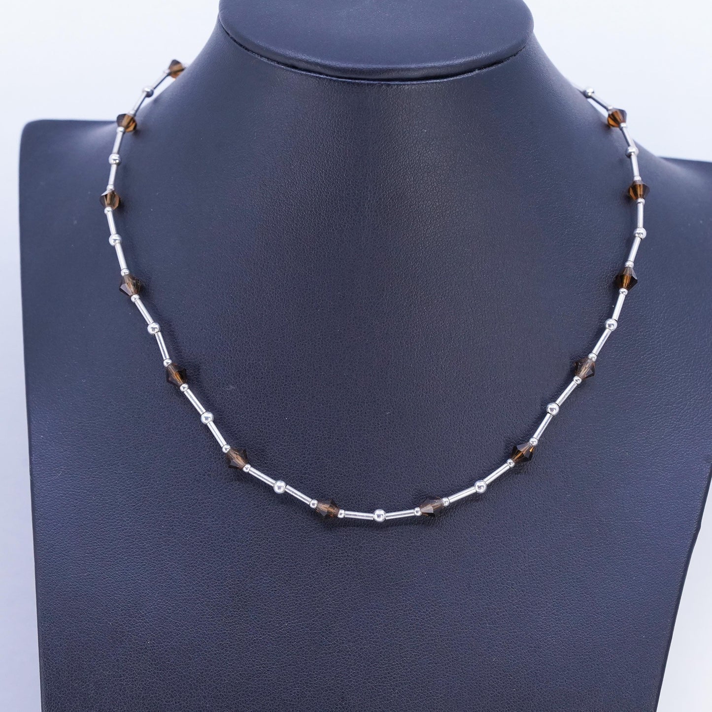 16", Native American Sterling 925 liquid silver necklace brown crystal beads
