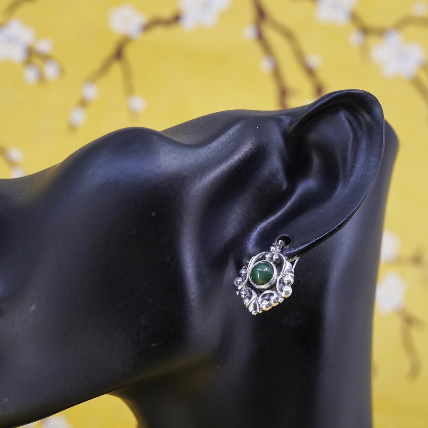 Soviet Sterling Silver 875 studs Earrings with jade lever back, USSR Jewelry