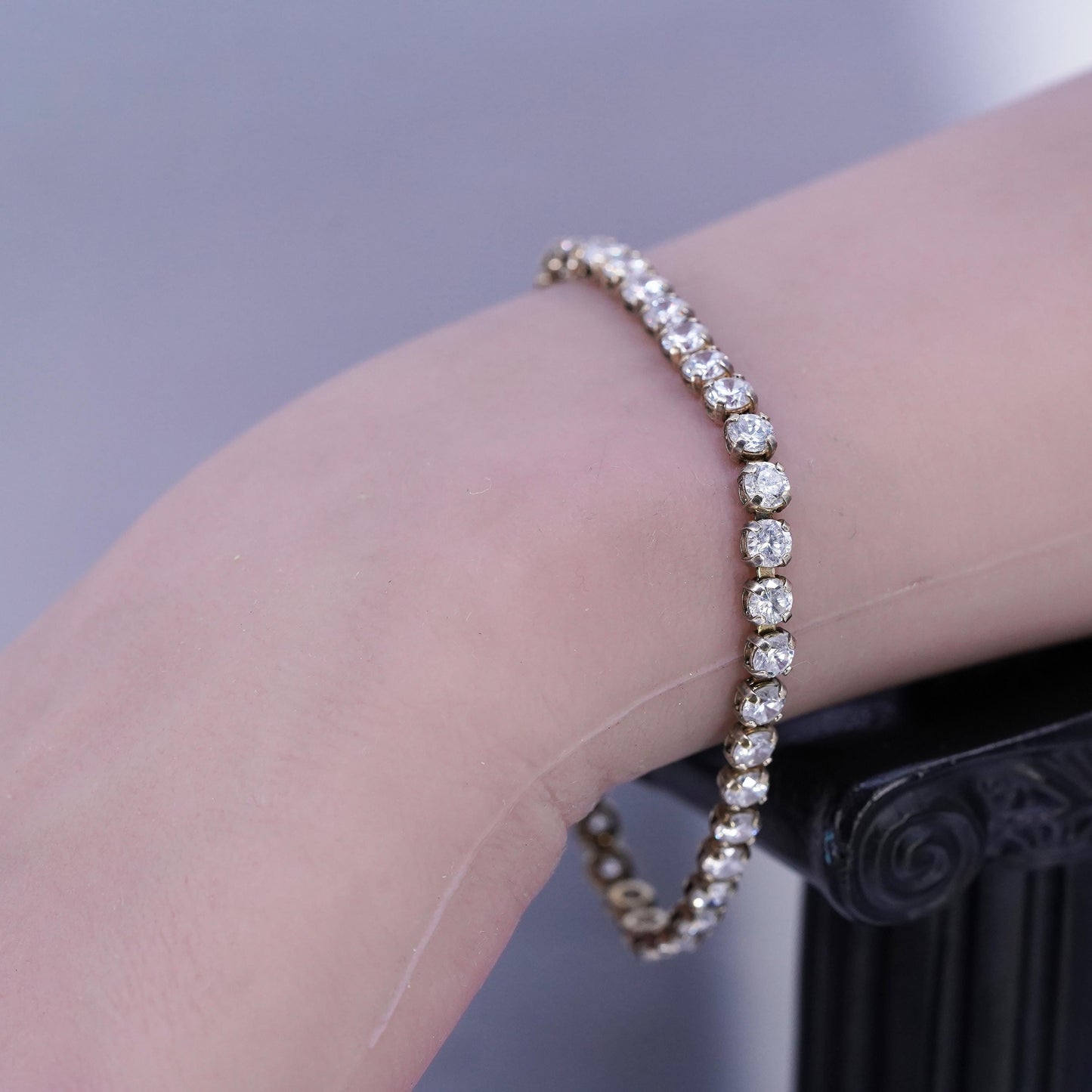 7.25", Vintage gold plated Sterling Silver 925 Tennis Bracelet with cluster cz
