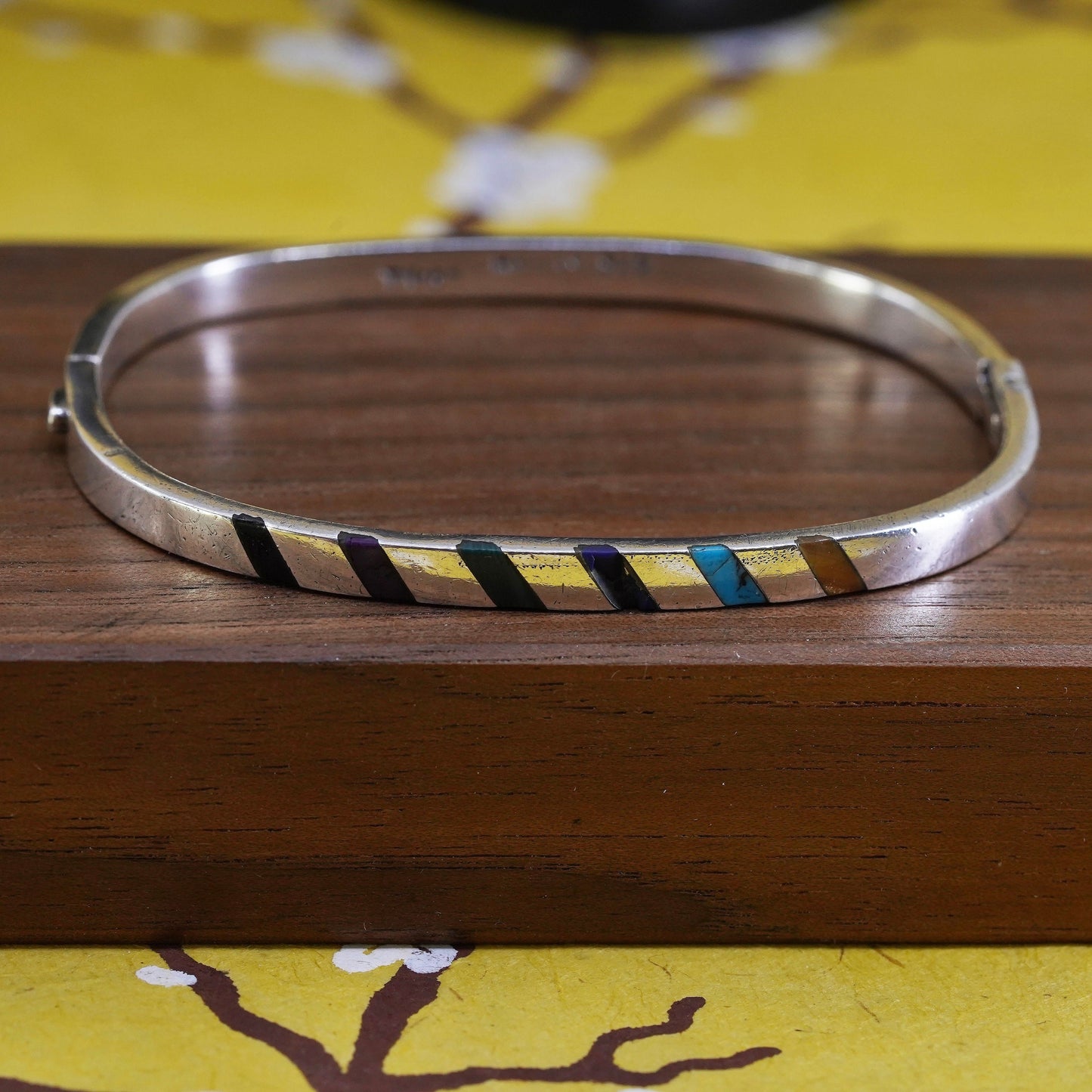7”, Mexican Sterling silver bracelet, 925 bangle lapis turquoise tiger eye