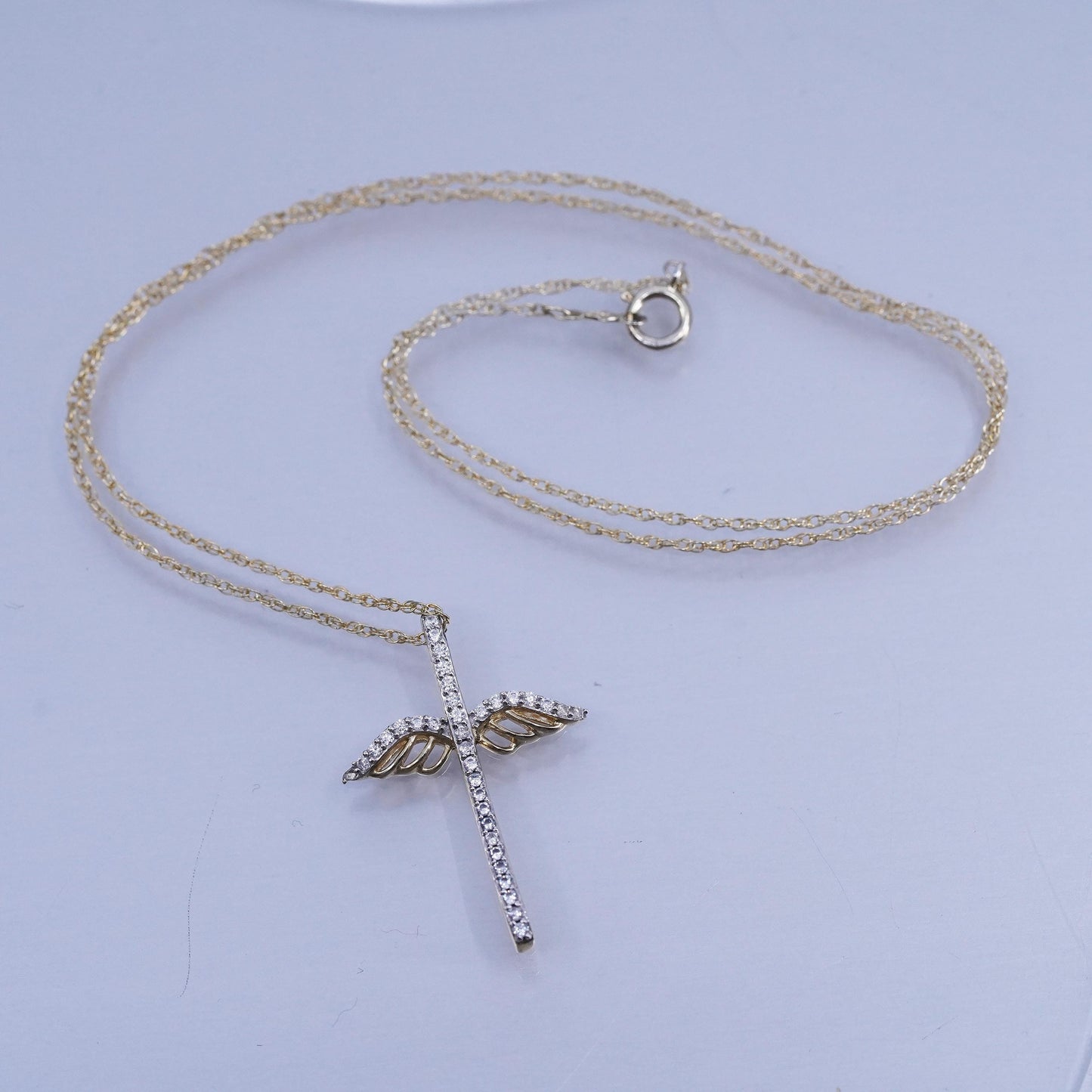 18”, vermeil gold over sterling 925 silver box necklace cross pendant diamond