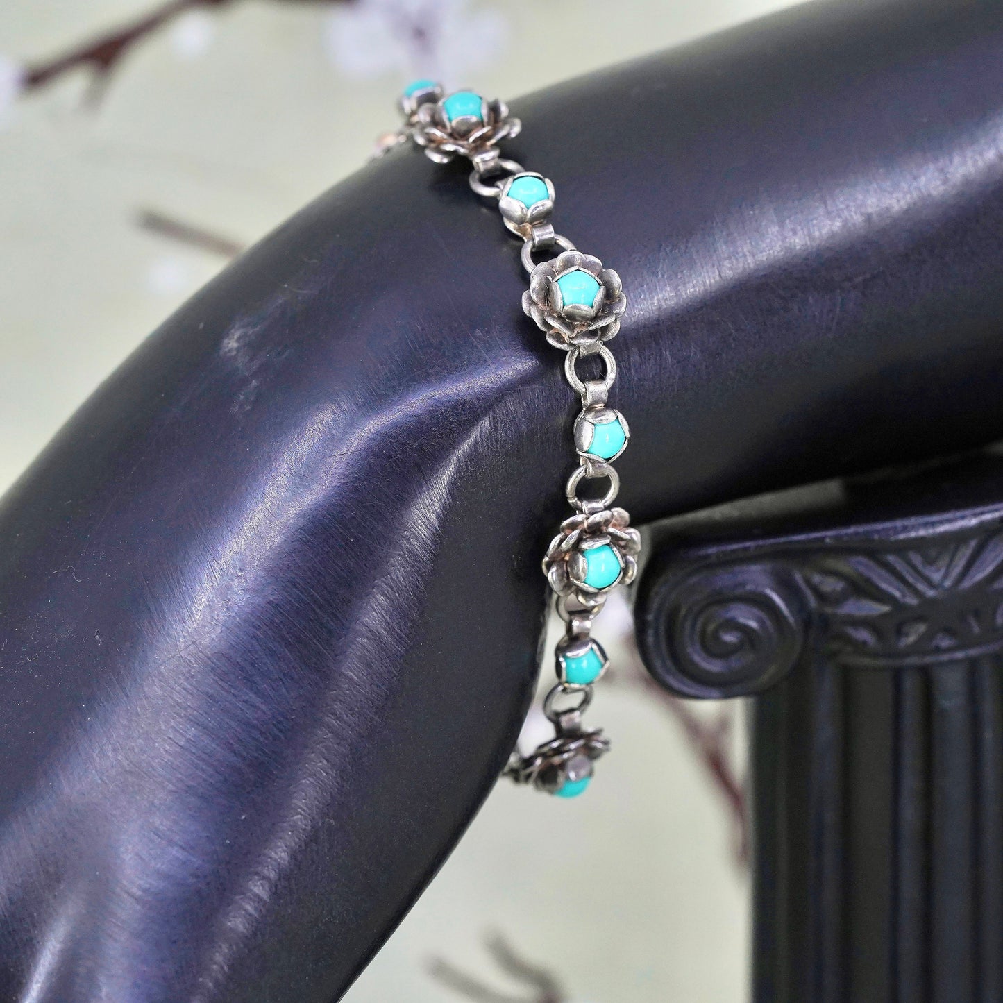 6.25", Sterling silver handmade bracelet, Mexico 925 flower with turquoise
