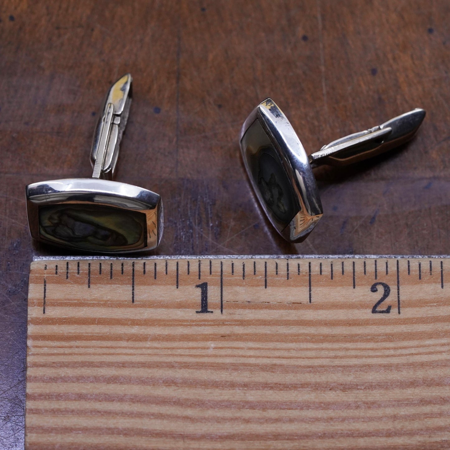Vintage Mexican handmade sterling silver cufflink, 925 cuff link abalone inlay