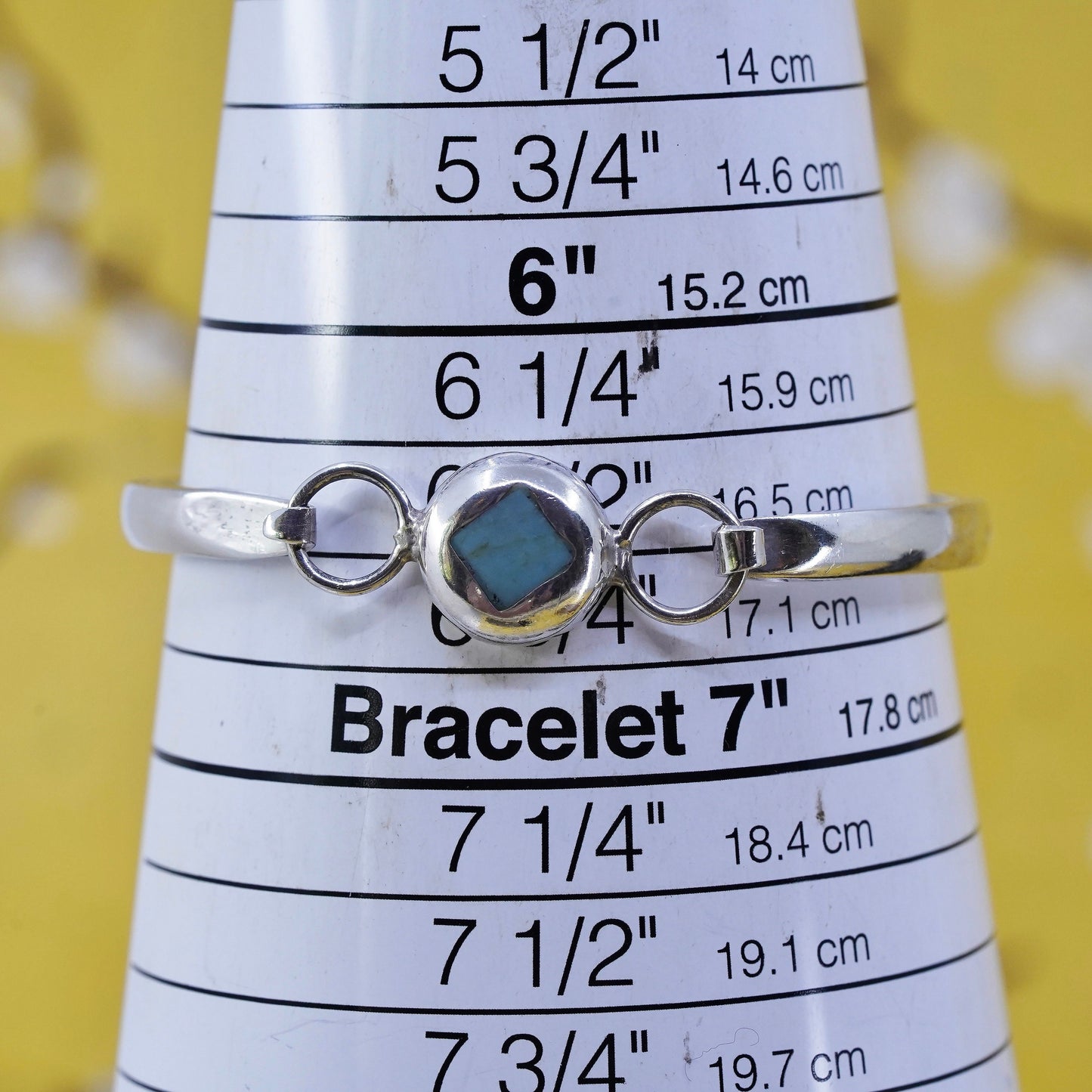 6.5”, Sterling silver handmade bracelet, Mexico 925 hinged bangle w/ turquoise