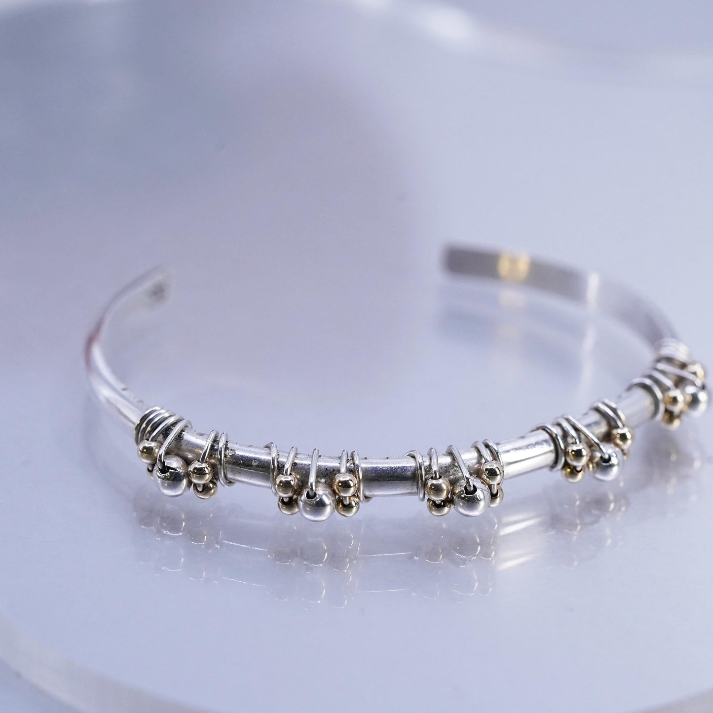 6.25", Marvin Lucas Sterling 925 silver bracelet, cuff 14K yellow gold beads
