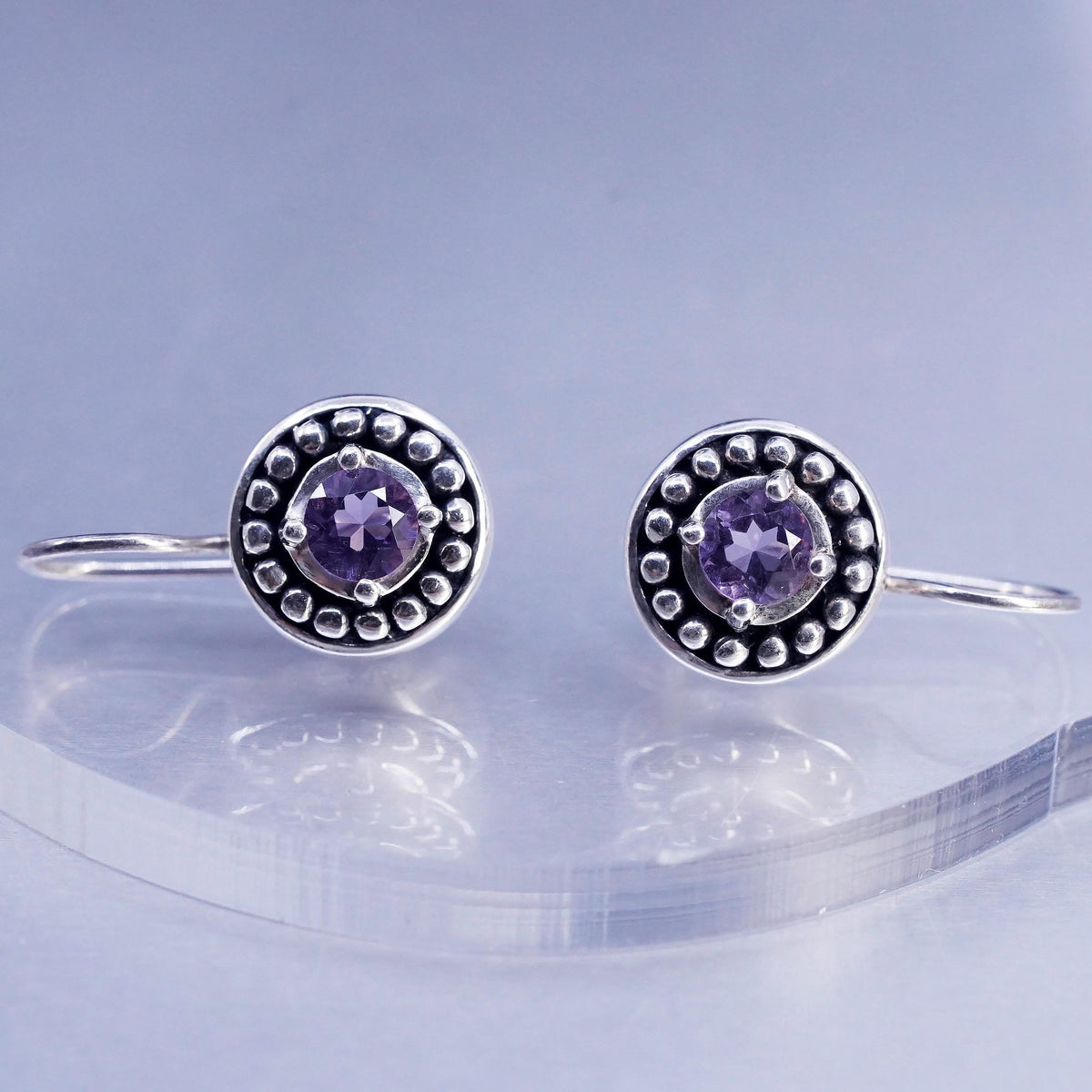 Vintage jewelry Sterling 925 silver handmade round earrings with amethyst beads