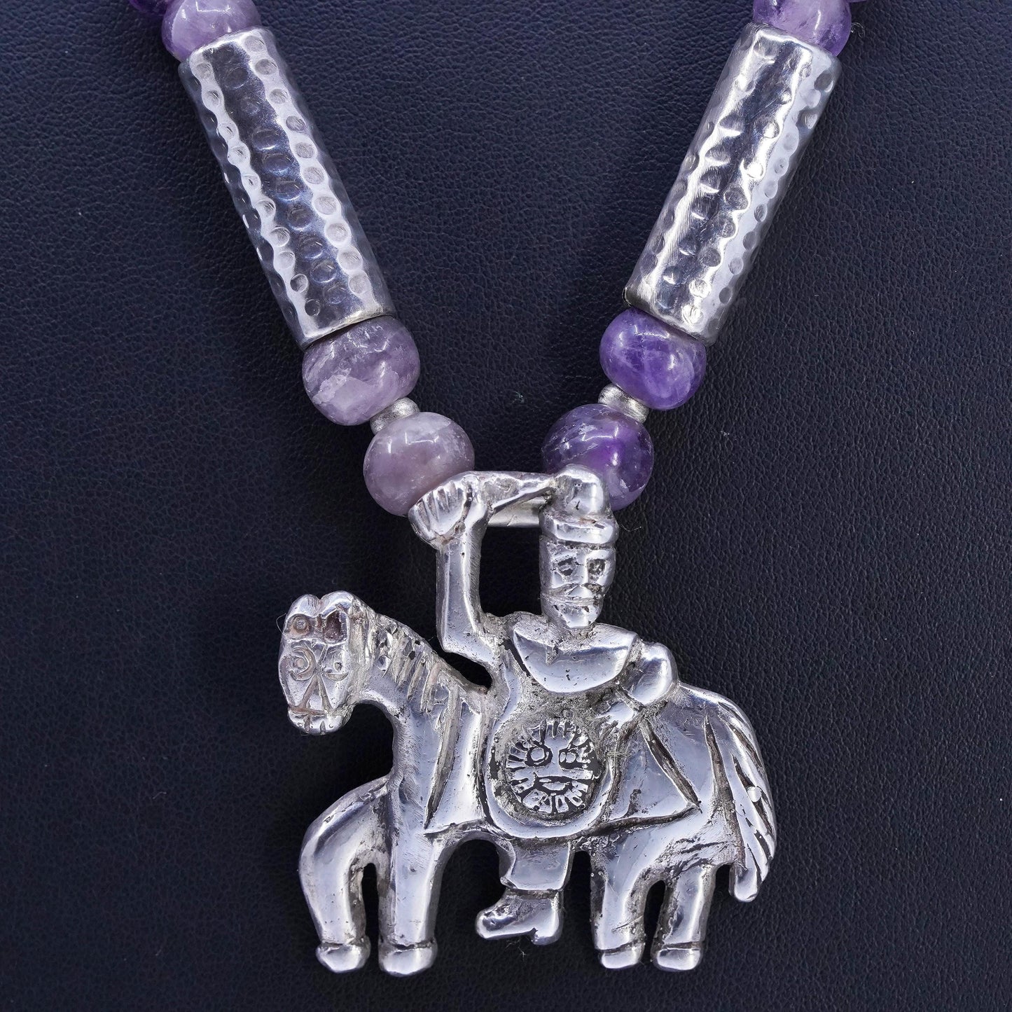 20", Mexican Aztec Sterling 925 silver necklace amethyst tube horse pendant