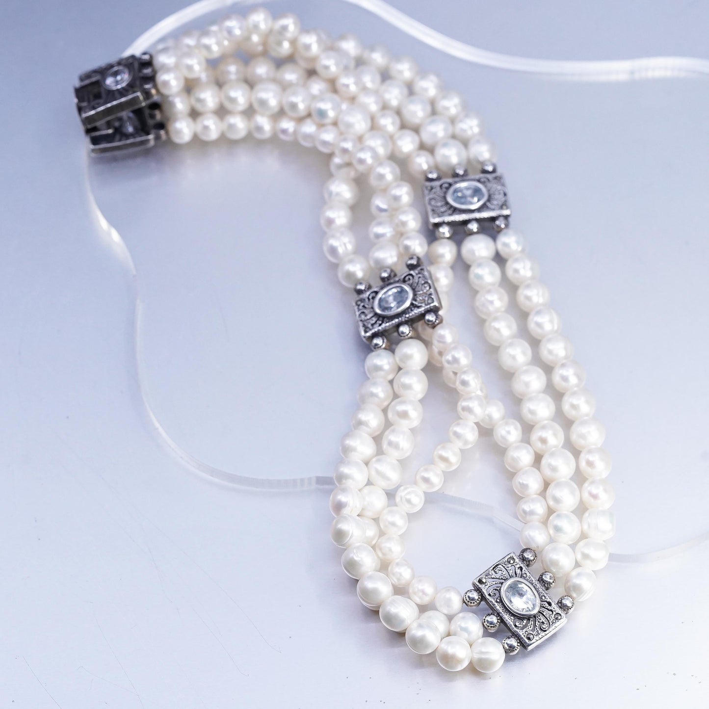 16", multi strands freshwater pearl necklace Sterling 925 silver cz marcasite