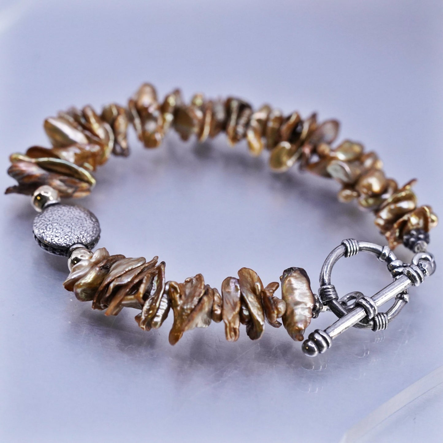6.25", vintage sterling silver bracelet, baroque pearl beads 925 toggle closure