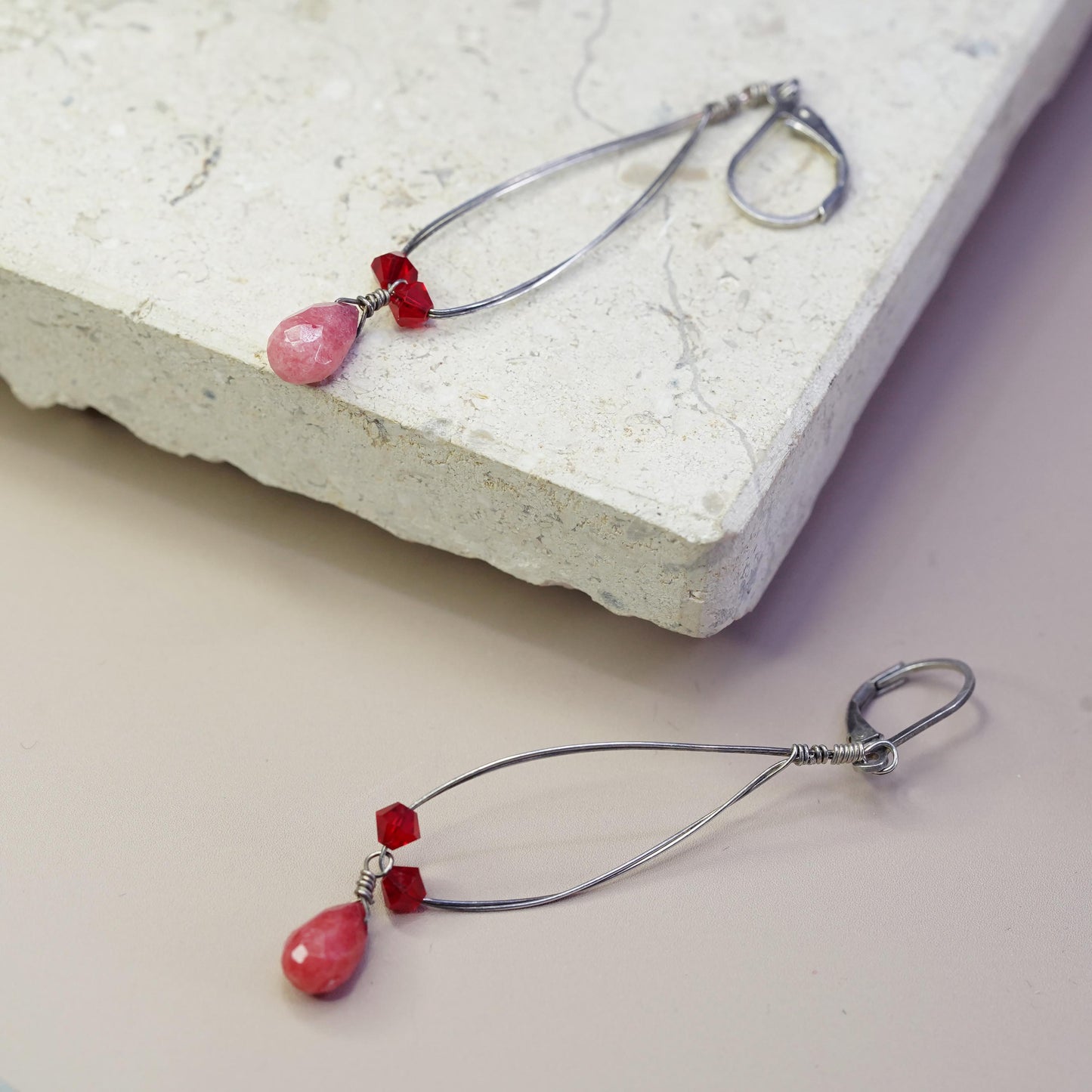 Vintage Sterling 925 silver handmade earrings with teardrop ruby