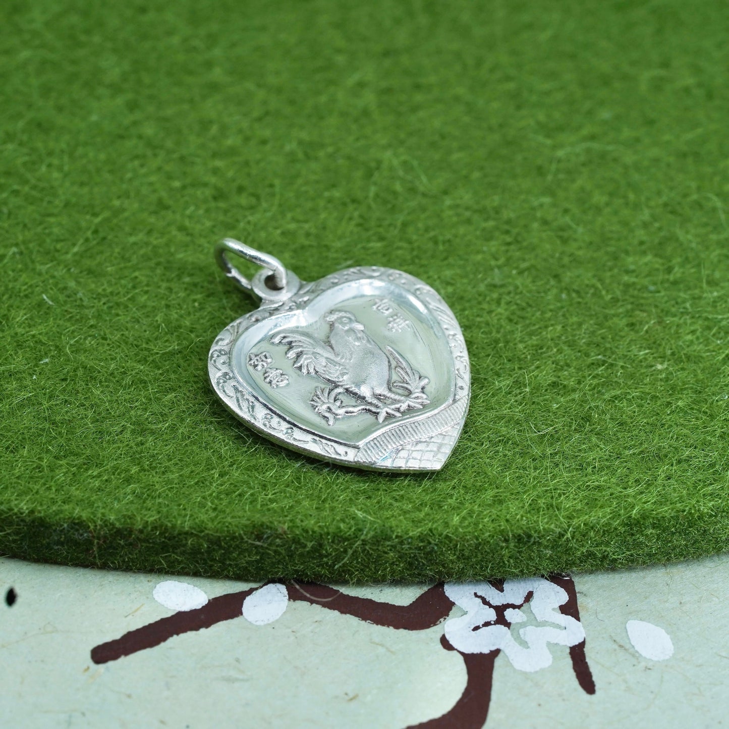 Sterling silver handmade pendant, 925 Chinese word “blessing” and “rooster”