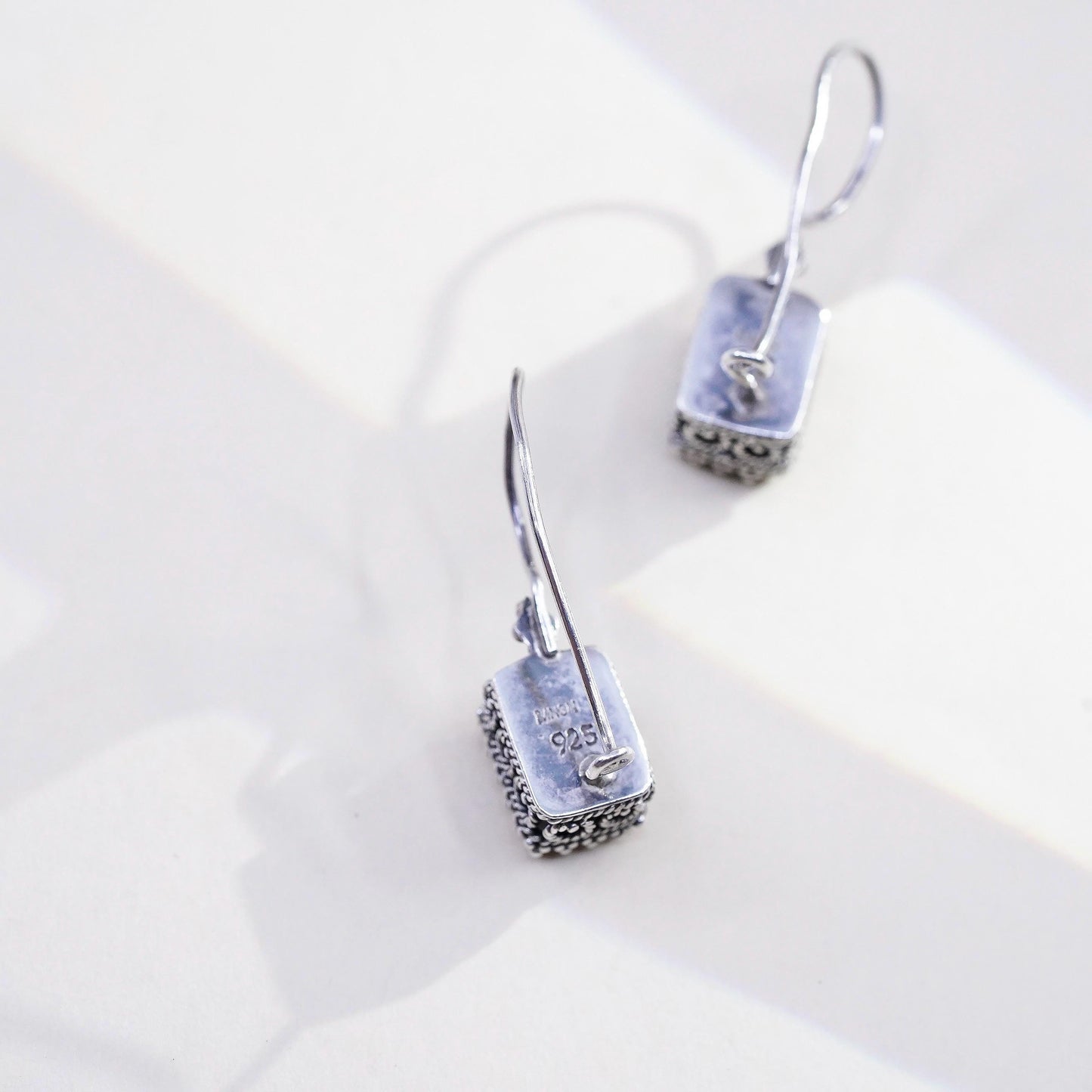 Vintage MNSN Sterling silver handmade mosaic earrings, rectangular dangles opal
