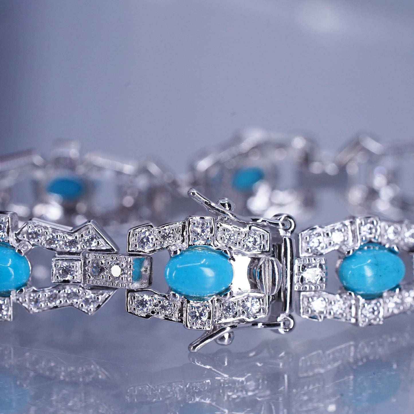 7.5”, Vintage Sterling 925 silver tennis bracelet chain w/ turquoise cluster cz