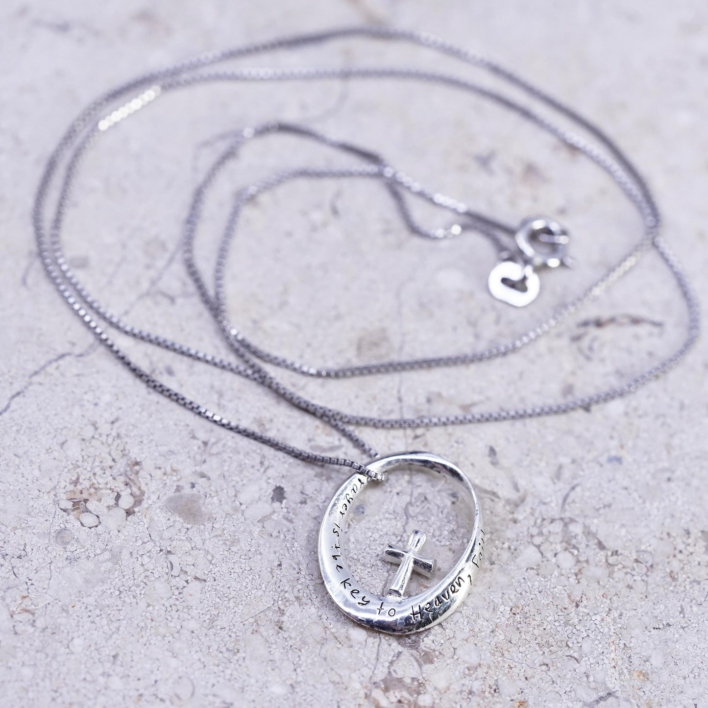 18", Vintage Sterling 925 silver box necklace oval cross pendant, prayer heaven