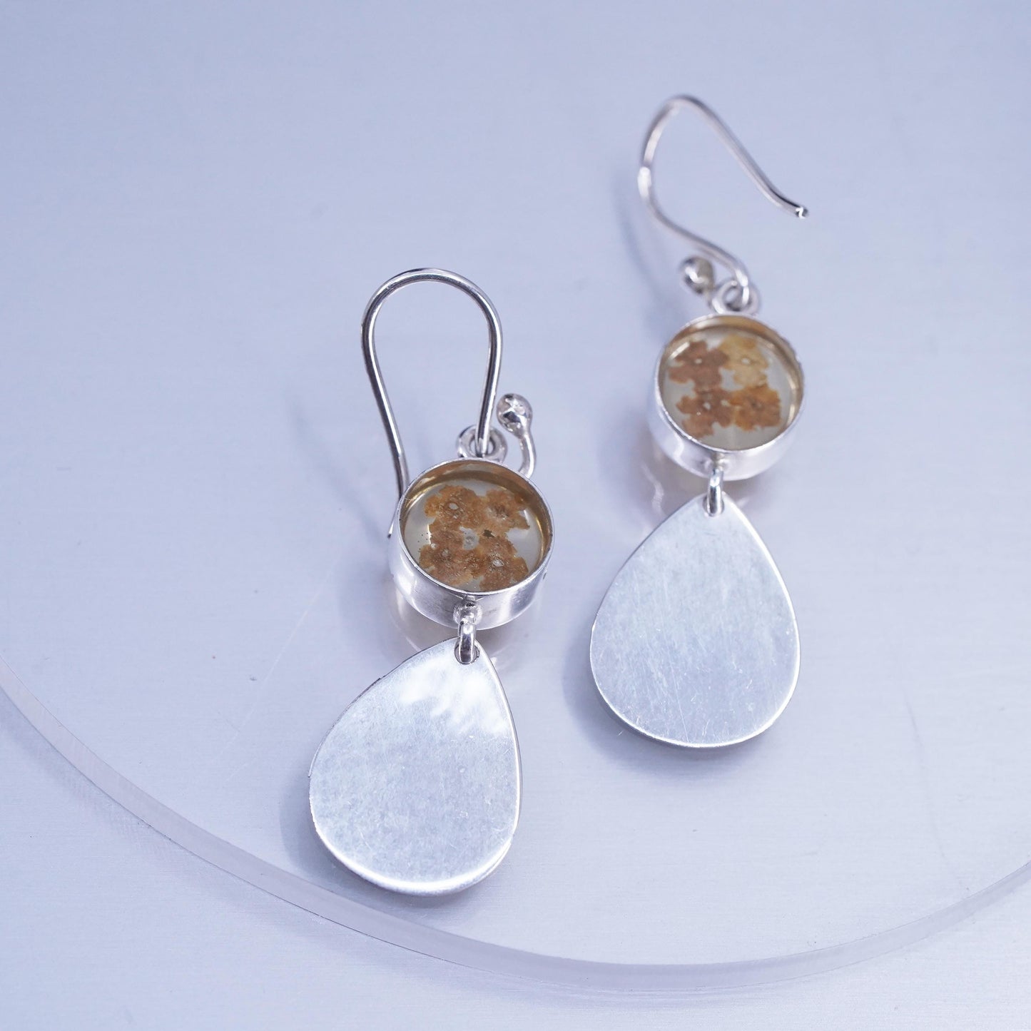 Vintage Sterling 925 silver handmade teardrop earrings with resin flower bead