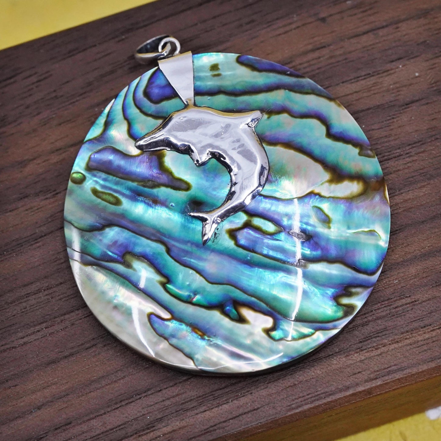 Vintage Sterling 925 silver handmade pendant with round abalone and dolphin