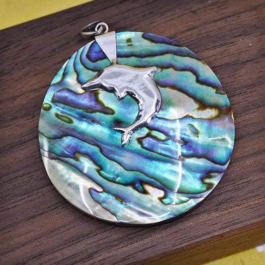 Vintage Sterling 925 silver handmade pendant with round abalone and dolphin