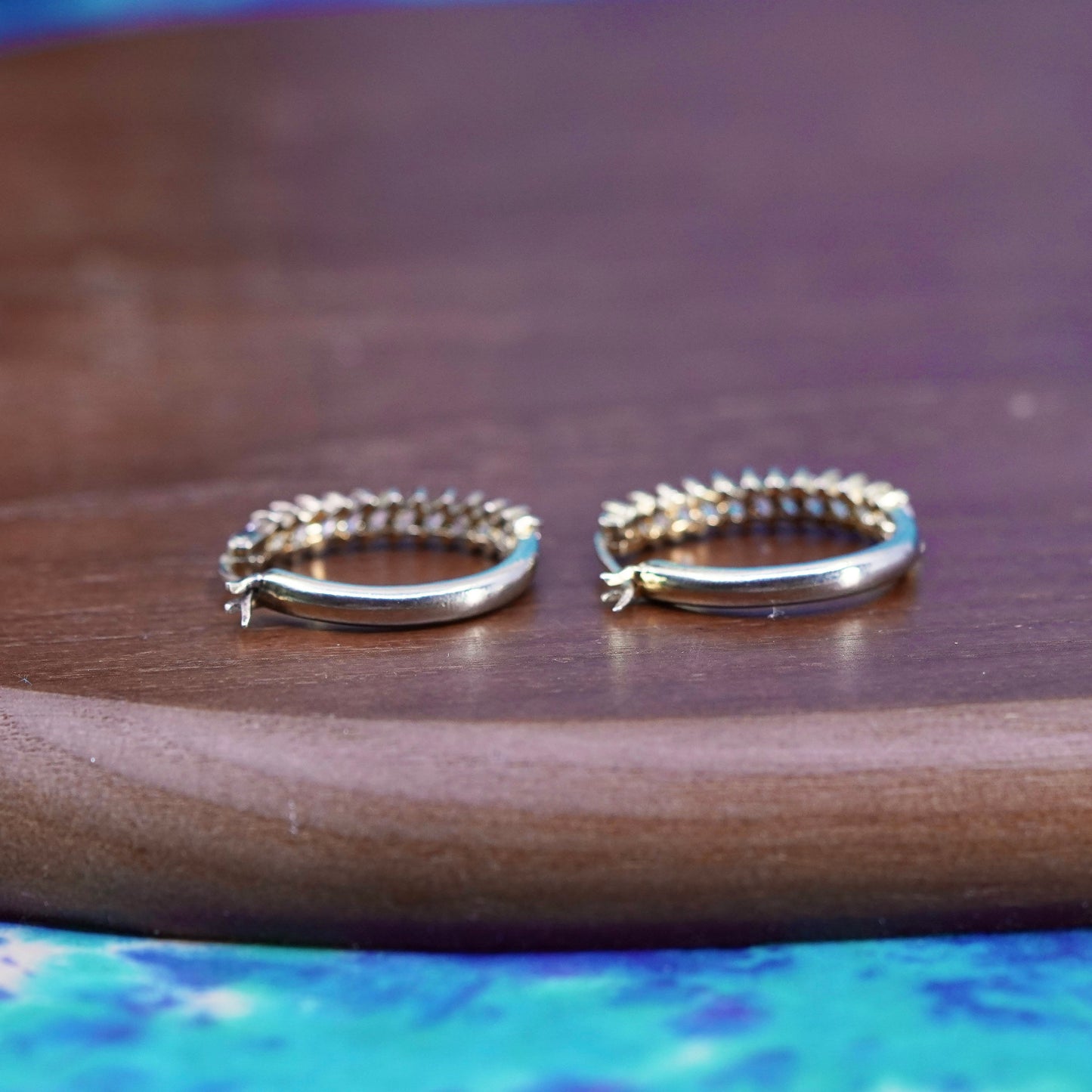 1”, vintage vermeil gold over Sterling silver handmade earrings, 925 hoops cz
