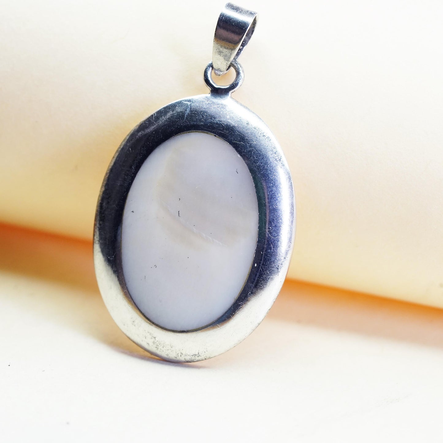 Vintage sterling silver handmade pendant, 925 oval pendant with mother of pearl