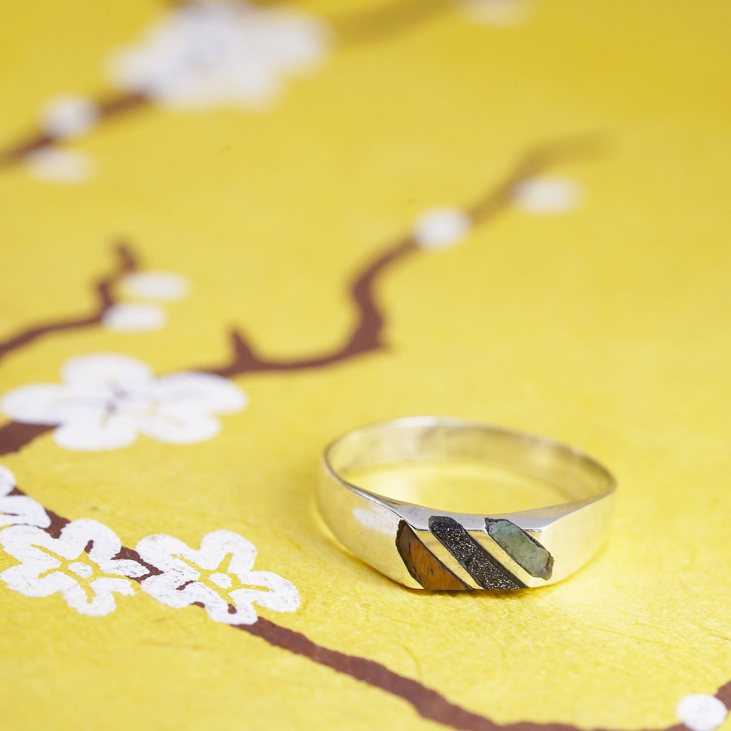 Size 7.25, Sterling silver ring with golden tiger eye inlay, stackable 925 band