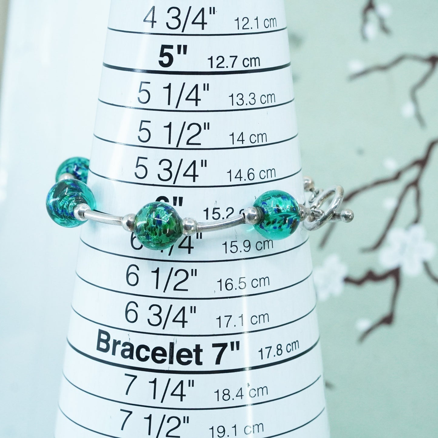 6”, vintage 925 Sterling silver handmade bracelet w/ artisan green glass beads