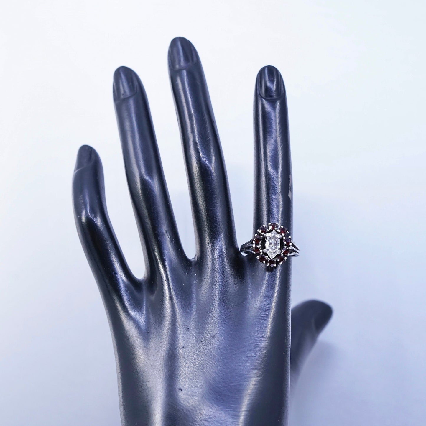 Size 8, vintage Sterling 925 silver engagement ring with ruby and cz