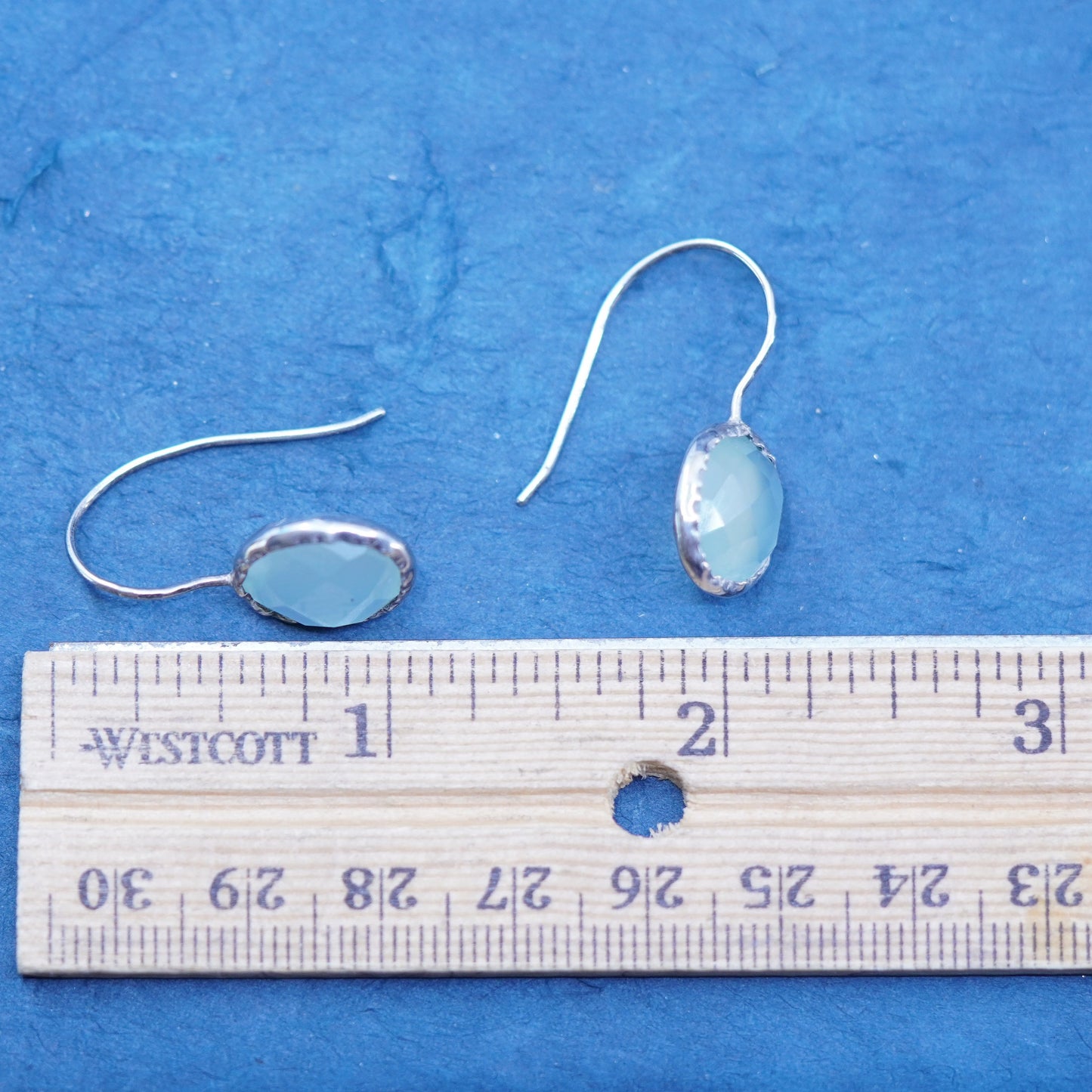 Vintage Sterling 925 silver handmade earrings with oval blue Chalcedony Dangles