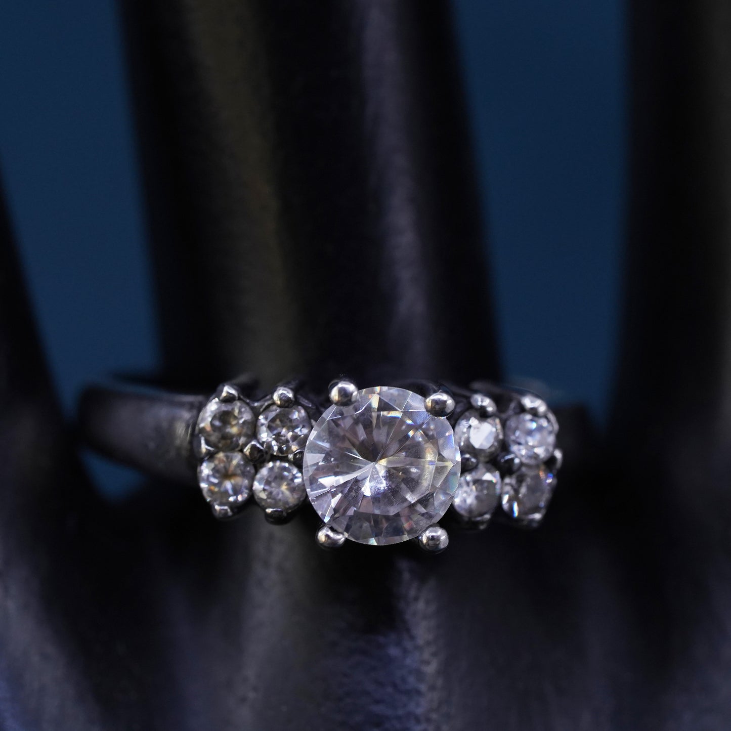 Size 10, vintage Sterling 925 silver engagement ring with cluster Cz around