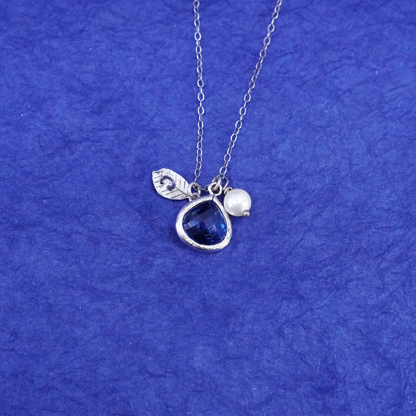 18”, sterling silver 925 handmade necklace, teardrop blue crystal pearl pendant