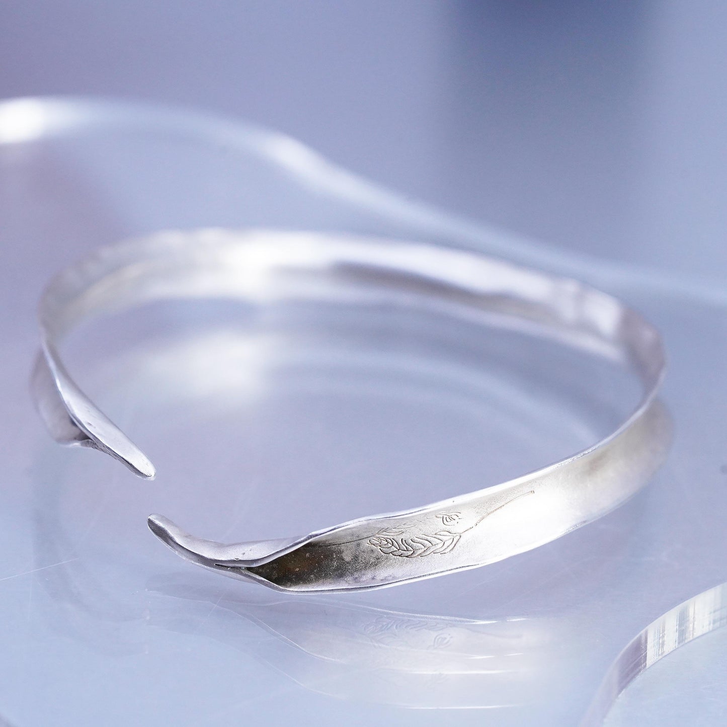 7.5", Vintage Sterling Silver Leaf Engraved Cuff Bracelet Matte 925 Open Bangle