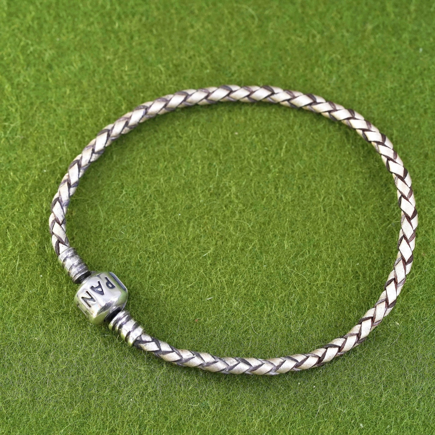7.25", VTG Pandora woven leather chain, 925 sterling silver closure bracelet