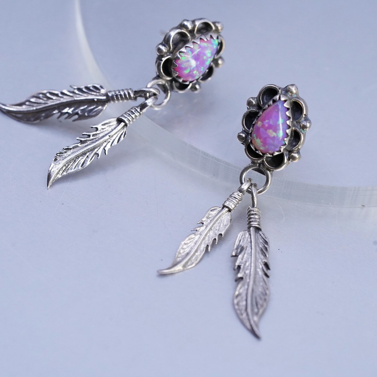 VTG Sterling silver handmade earrings, 925 teardrop studs opal feather dangles