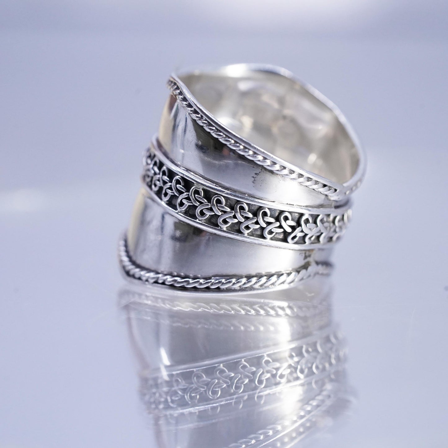 Size 9.5, Vintage Sterling Silver Wide Ring cable, Boho Statement 925 band