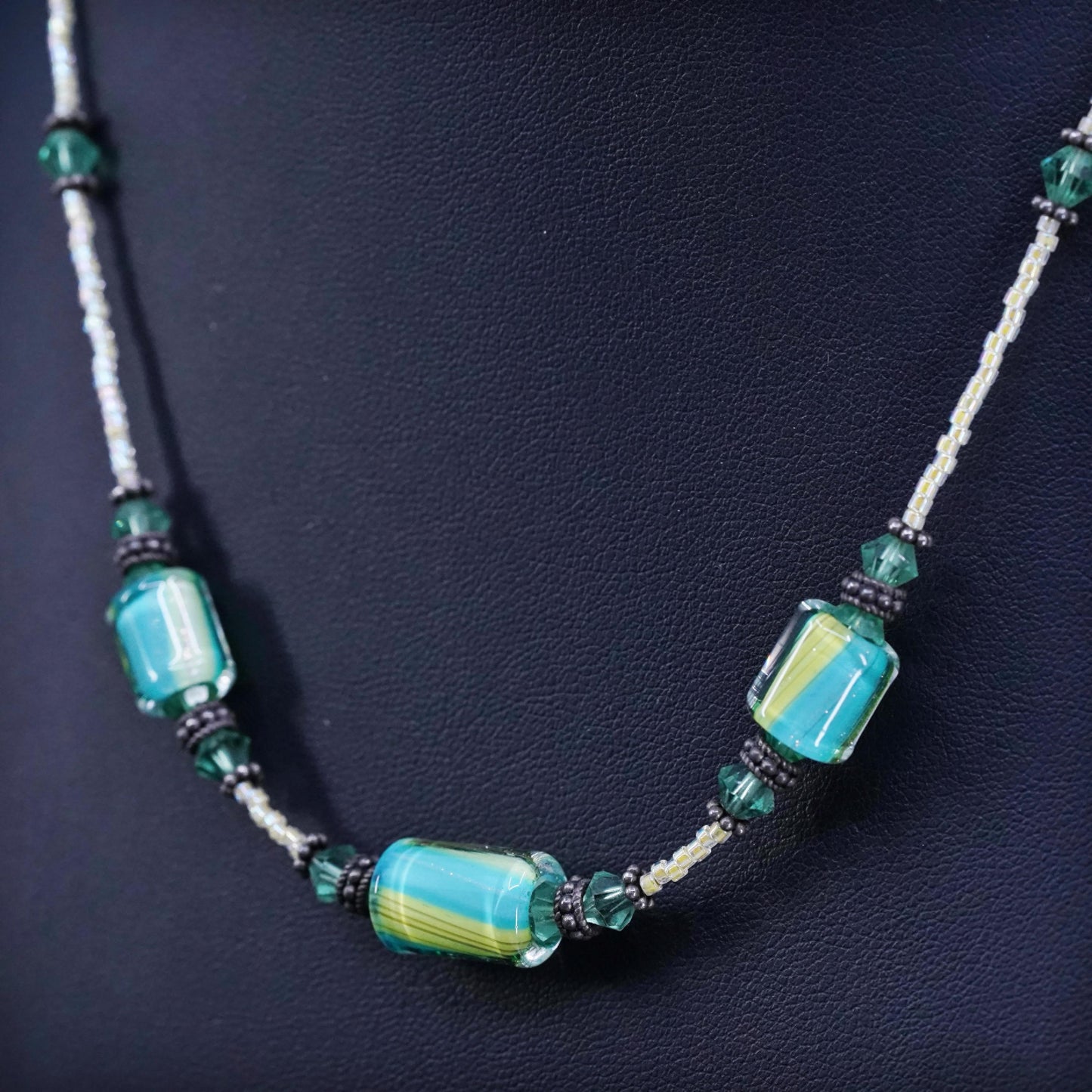 16”, Sterling silver necklace, 925 toggle clasp green flower Murano glass beads