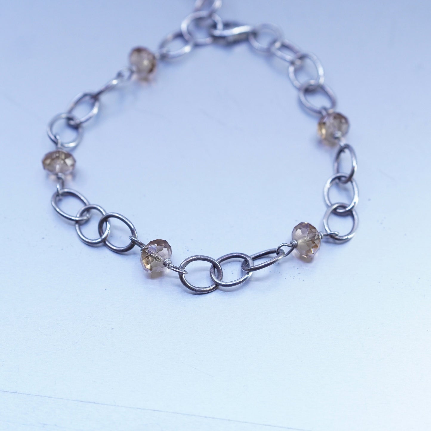 8”, Mexico Sterling 925 silver bracelet, oval link chain w/ citrine heart charm